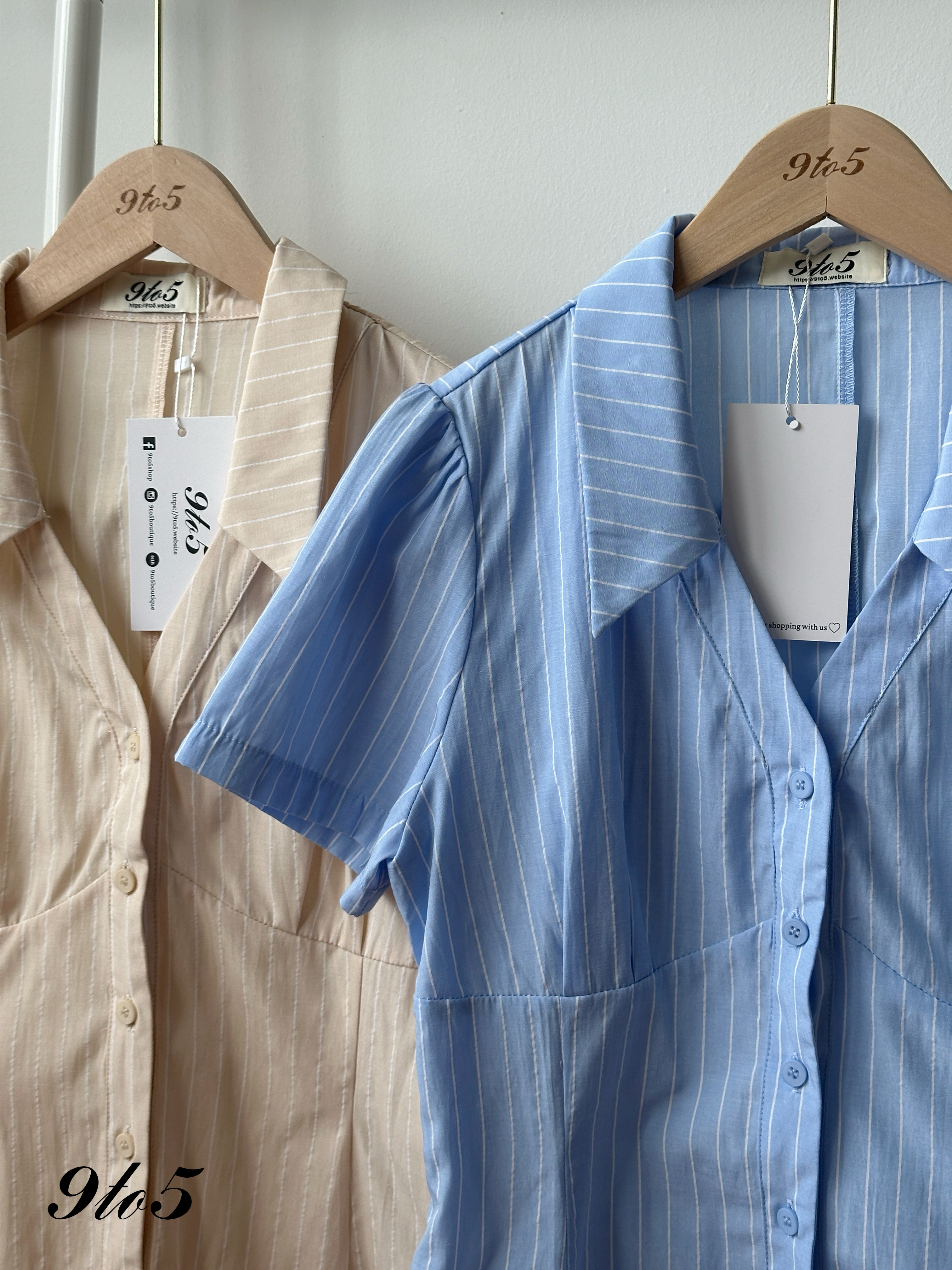 T4315 V Neck Stripe Shirt - Beige & Blue