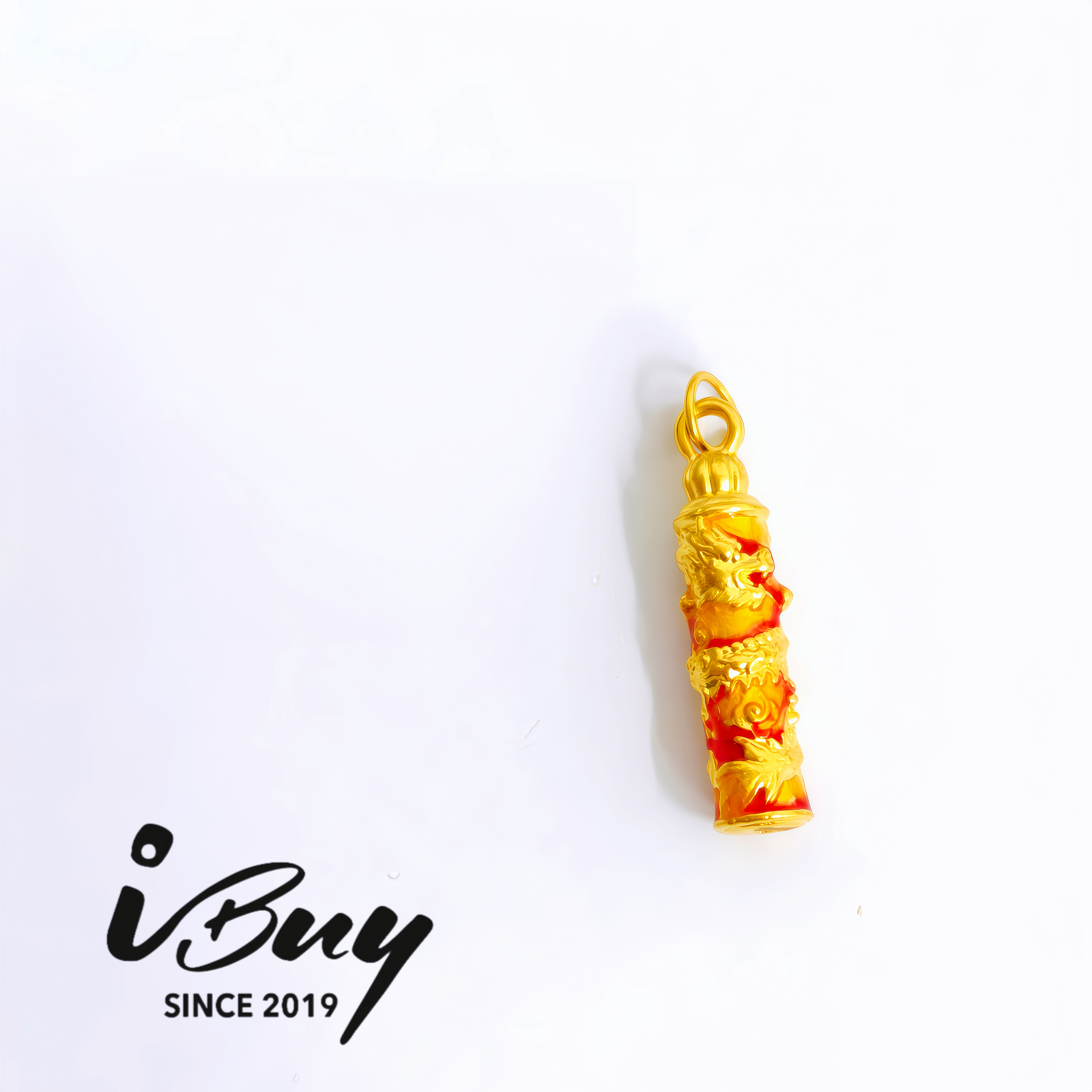 999 GOLD ENAMEL DRAGON PILLAR PENDANT - RED / YELLOW 999 金 珐琅盘龙柱 - 红/黄