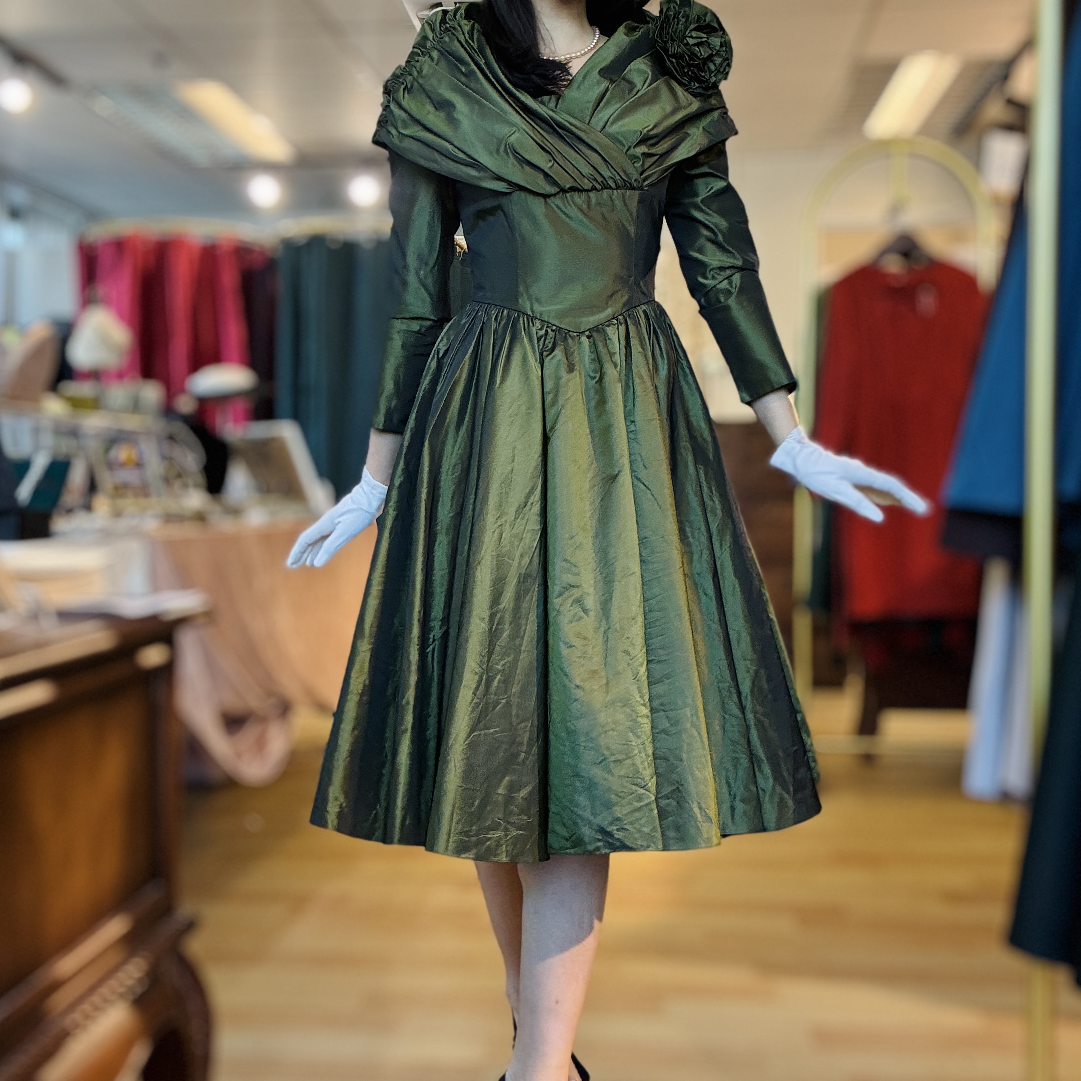 Rare! Vintage Olive Green 1980s does 1950s Cocktail Dress (MT2266)