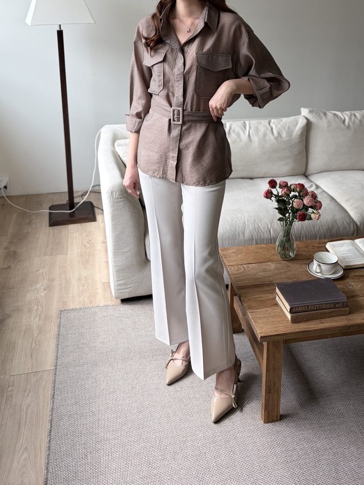 Feminine Belted Pocket Blouse (Brown)