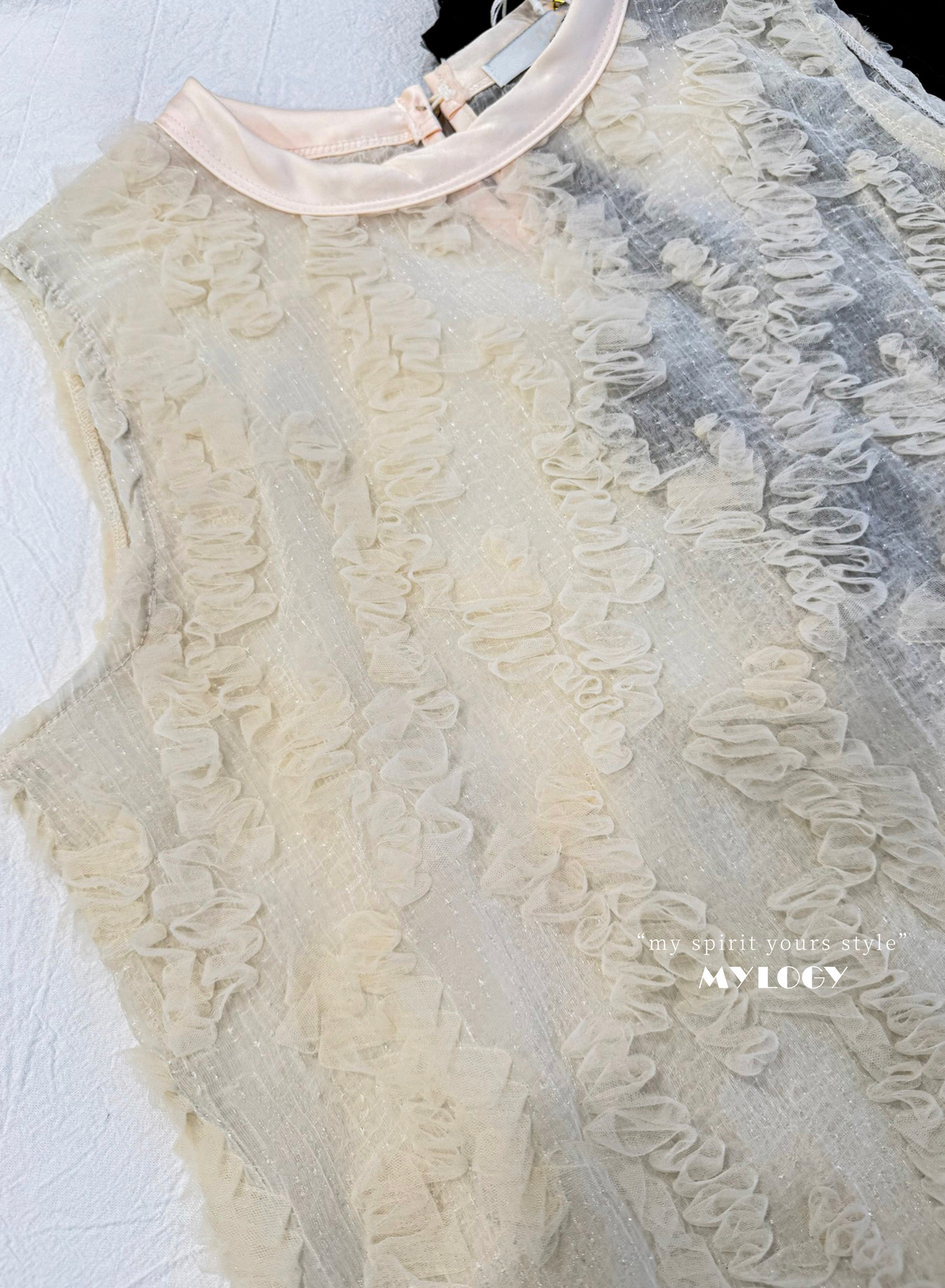 法式浪漫～Lace褶皺微閃薄紗背心 MIE0001 - 白色 Ivory