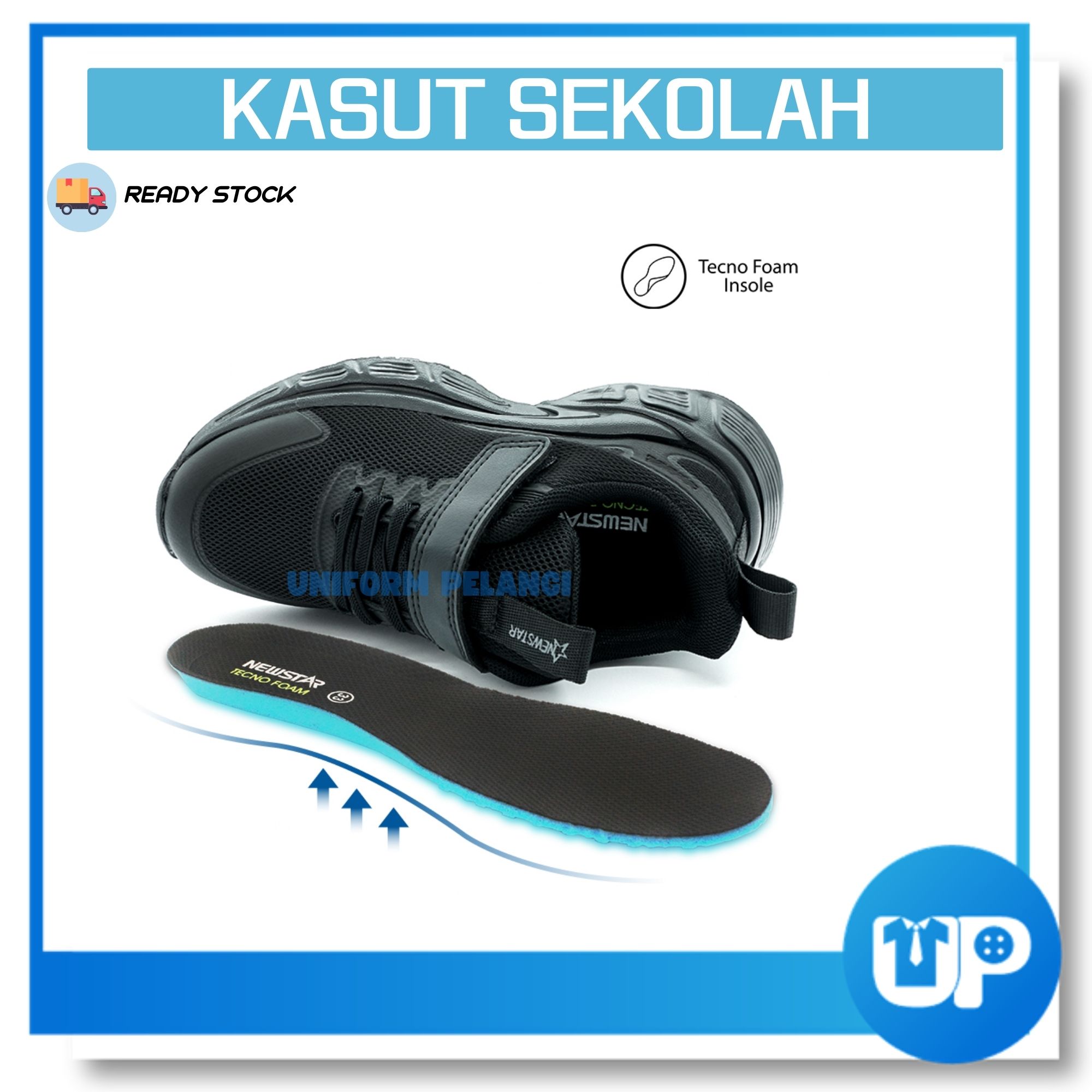 NewStar Black School Shoes W726B [Velcro Strap] Kasut Hitam