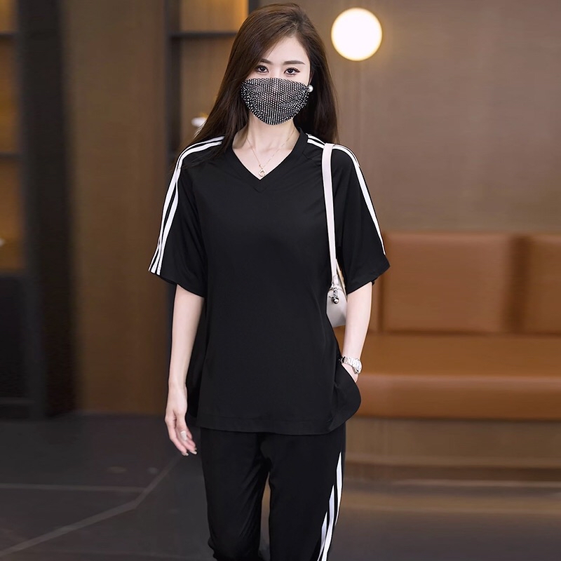 B191(2255) 韩系休闲运动风边撞色条纹上衣与长裤黑套装