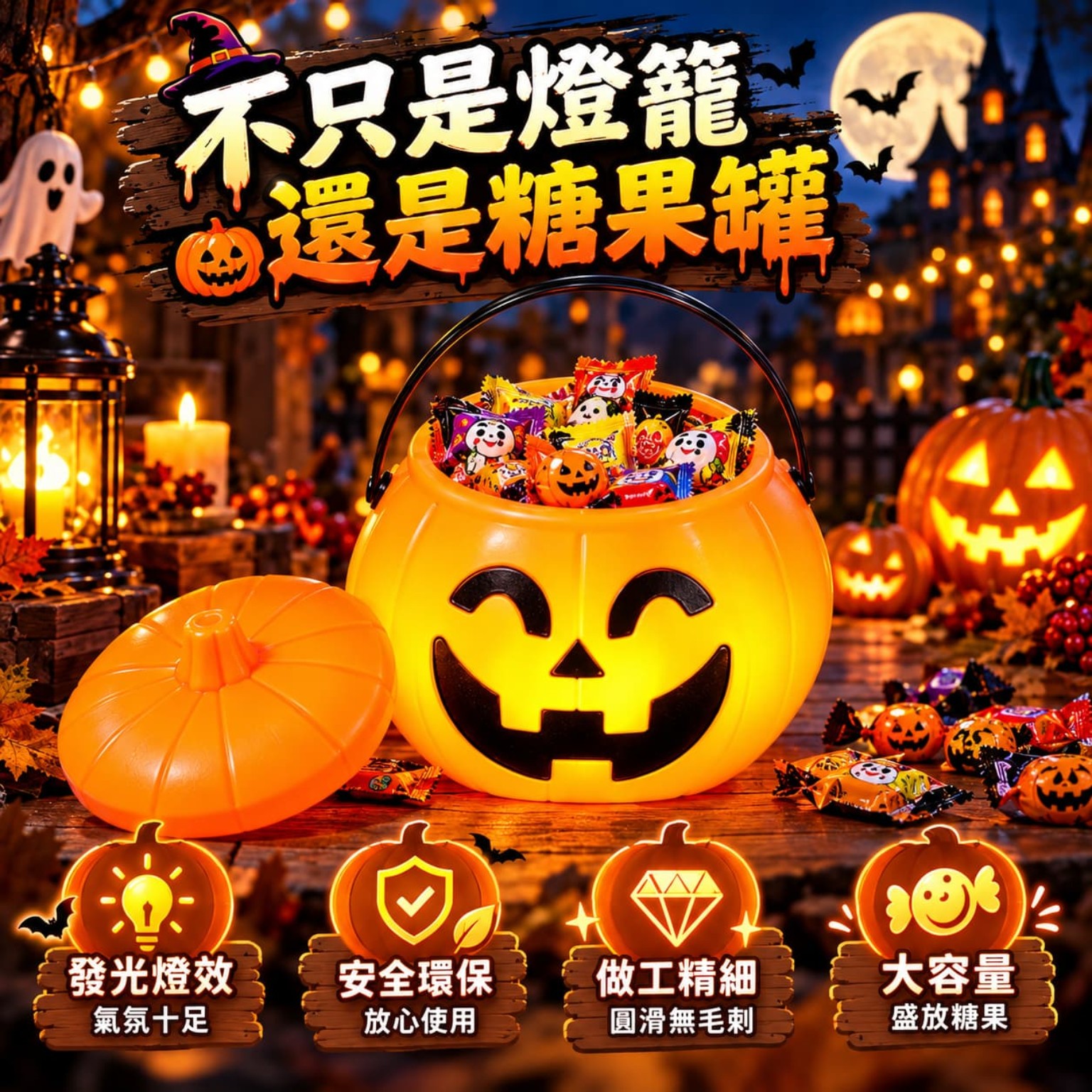 萬聖節發光南瓜糖果桶｜小朋友 Trick or Treat 討糖派糖手提南瓜燈｜M/L COS1293