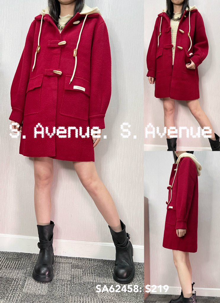 SA62458: 長袖長身牛角鈕有帽絨褸