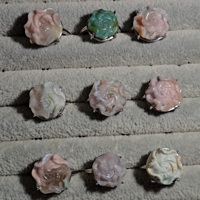 Flower agate flower rings in adjustable sterling silver - JW12