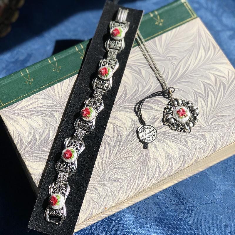 C.a. 1980s Rose Needlepoint Silver Tone Bracelet / Pendant - New Old Stock(MT1139/MT1140)