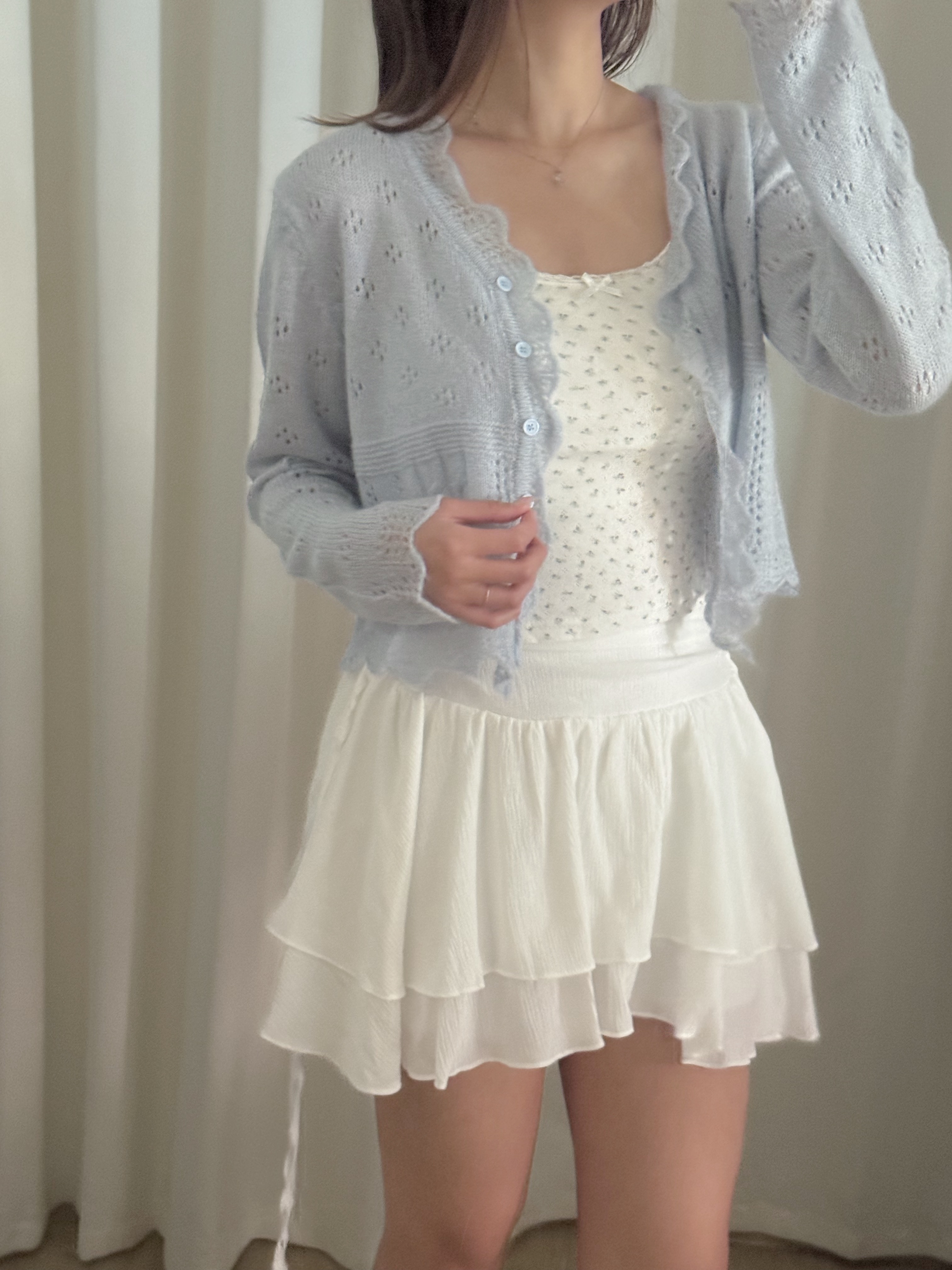 通花波浪邊針織外套(三色入)