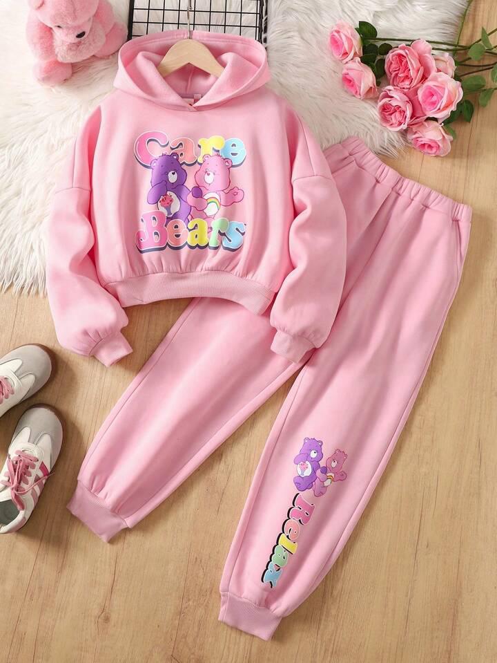 可愛熊兒童運動套裝 - 粉色卡通連帽衫及運動褲