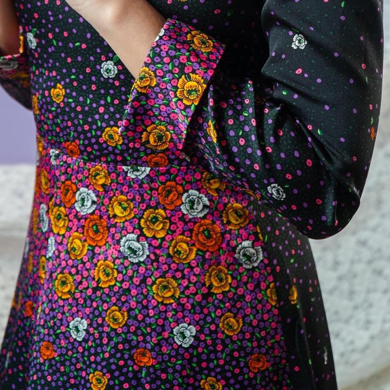 Vintage Scattered Firework Tone Floral Pattern Wing Tip Collar Tailored Dress(MT1840-11)