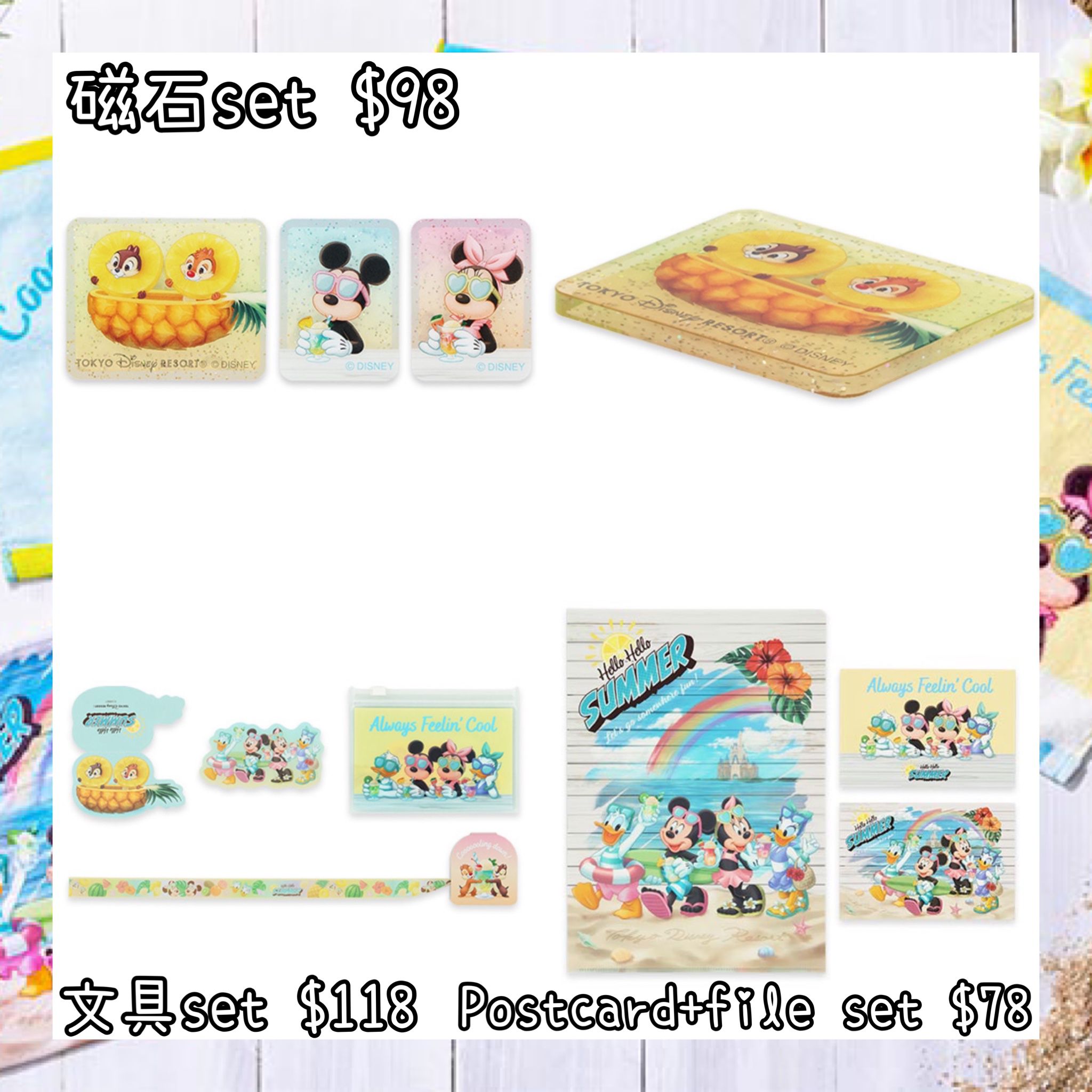 ：日本：DISNEYLAND園區產品HELLO HELLO SUMMER! 11/6 日本發賣 磁石 SET 文具 SET POSTCARD + FILE SET