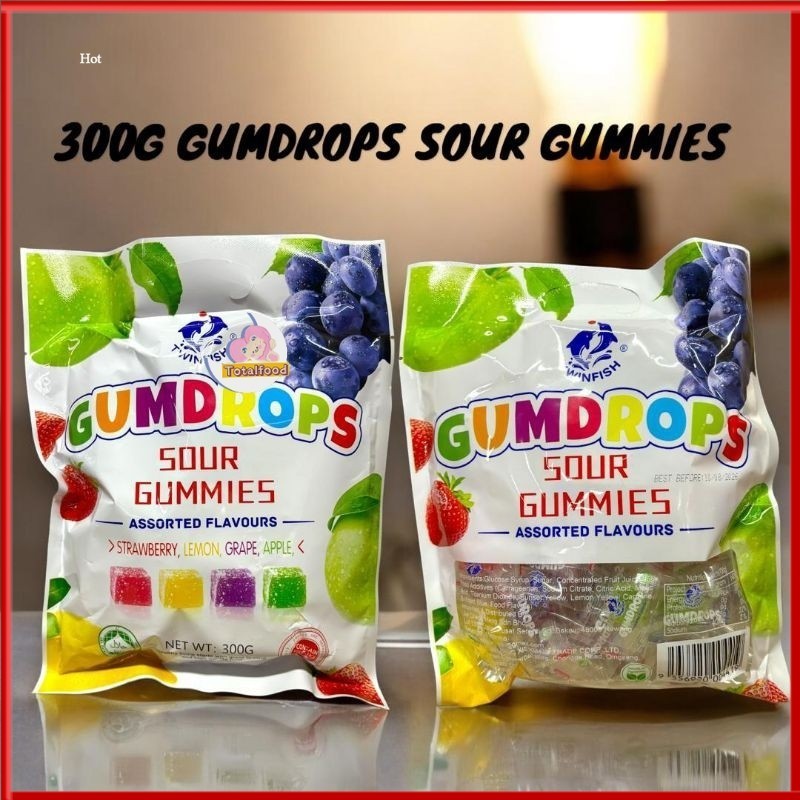 300g Twinfish GumDrop sour Gummies assorted fruits flavour [Strawberry/Lemon /Grape /Apple]
