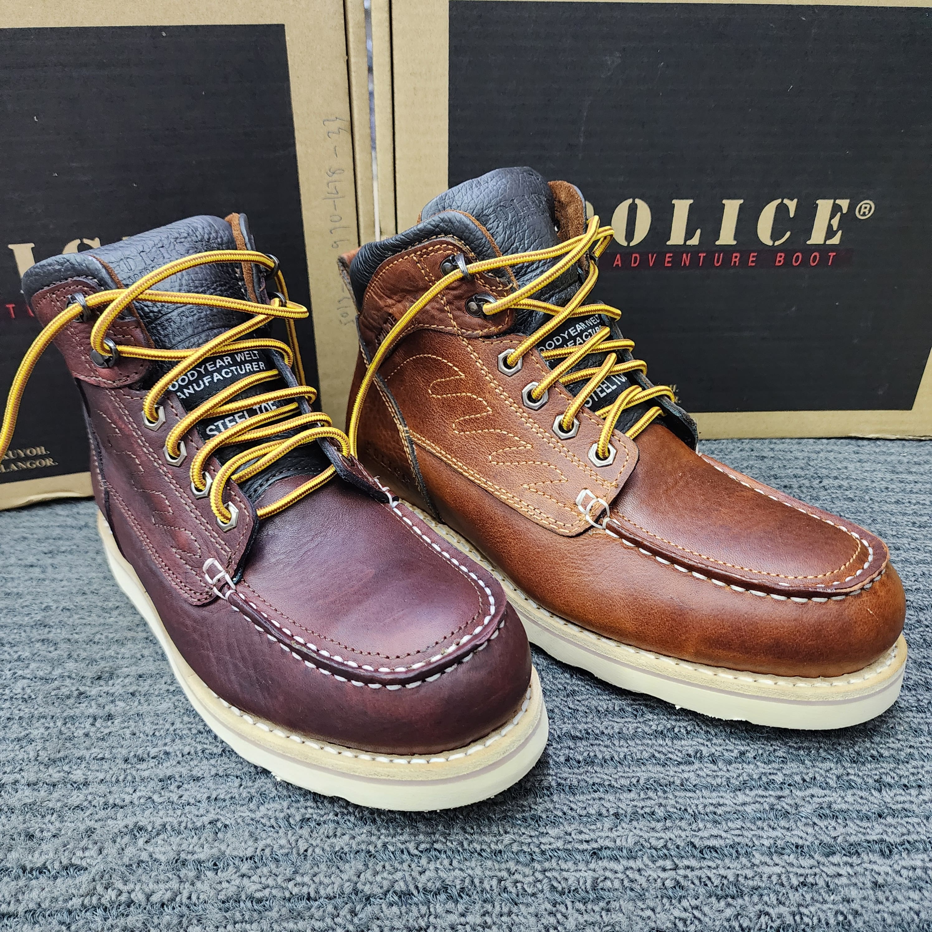 POLICE SAFETY SHOES 92970 Mid Cut Lace Up brown Goodyear Welt Stitching Kasut Keselamatan