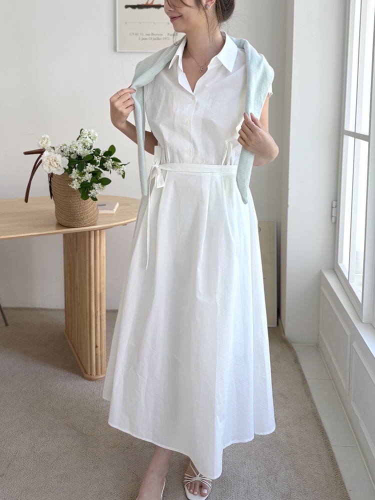 Elasticated Waist Shirt Dress (White)