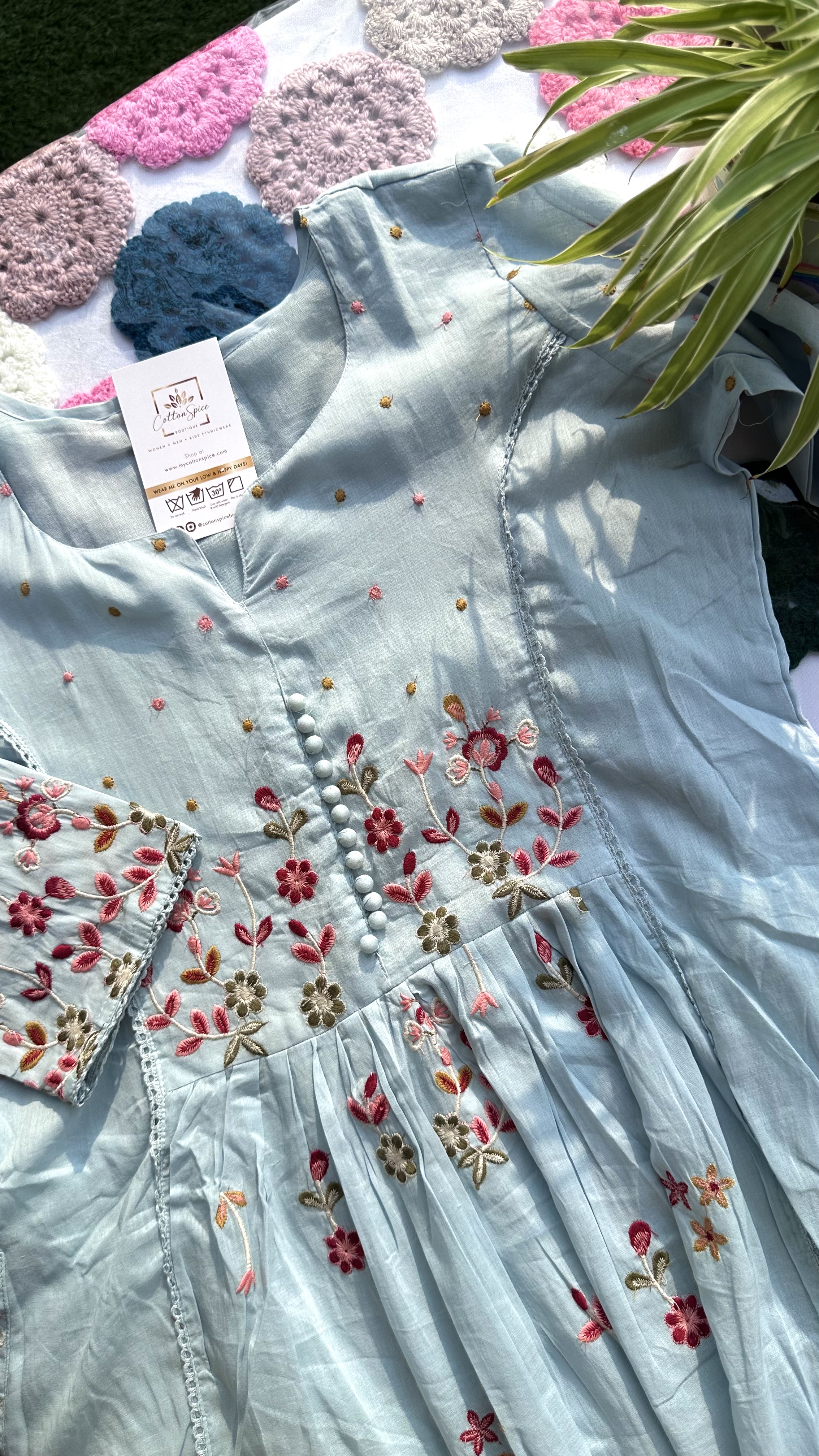 Baby Blue Embroidered Floral Print Kurta Set