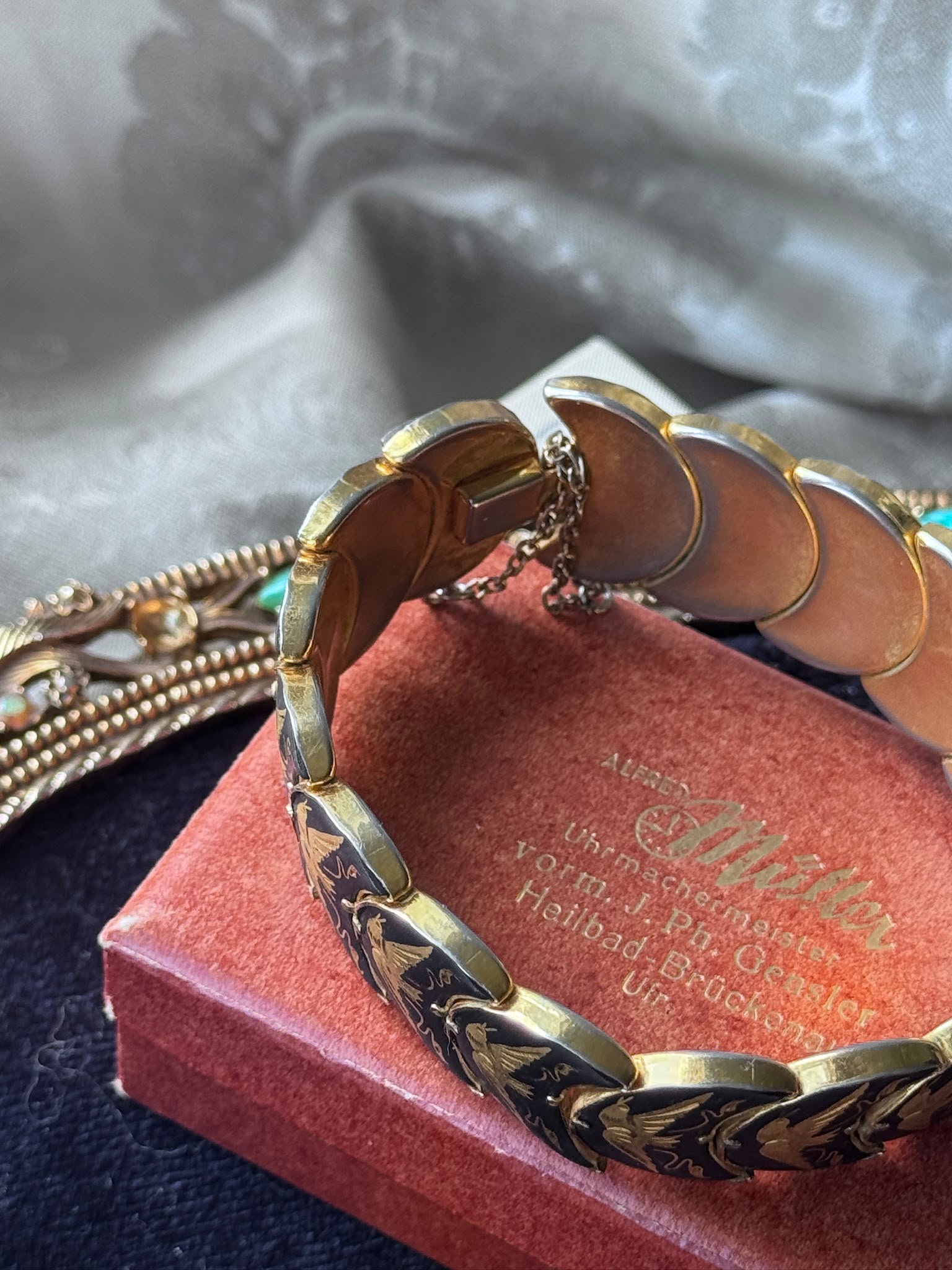 Mid-Century Black & Gold Damascene Crescent Shape Bird Bracelet  - 7.5" (MT2617)