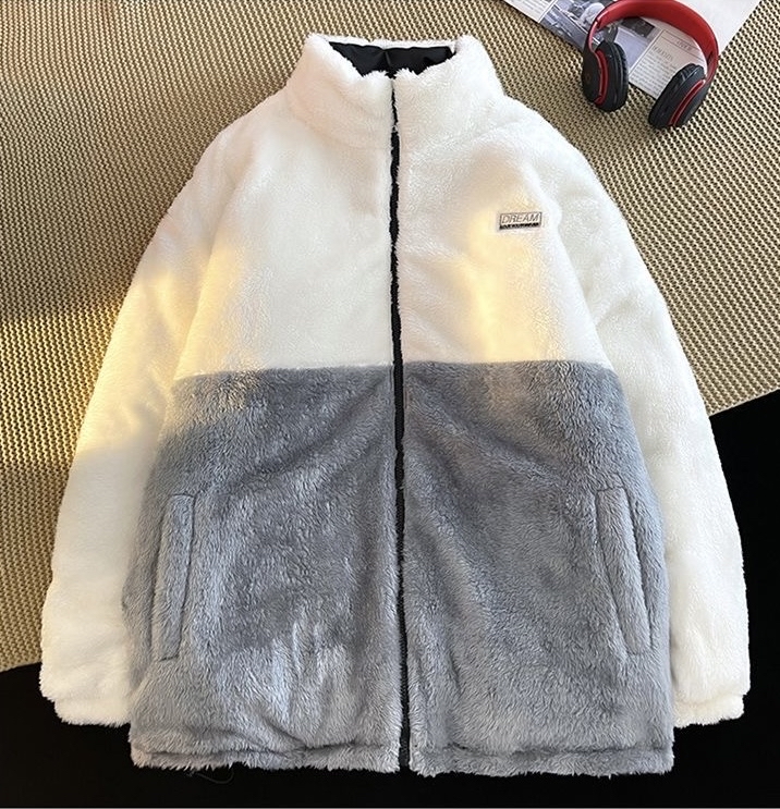 韓系情侶4色夾棉毛毛雙面褸