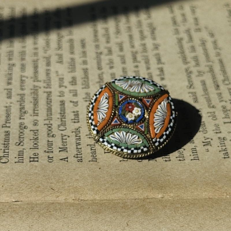 Rare! Antique Early 20th Century Italian Mosaic Black & White Checkered Pattern Framed Brooch(MT2389)