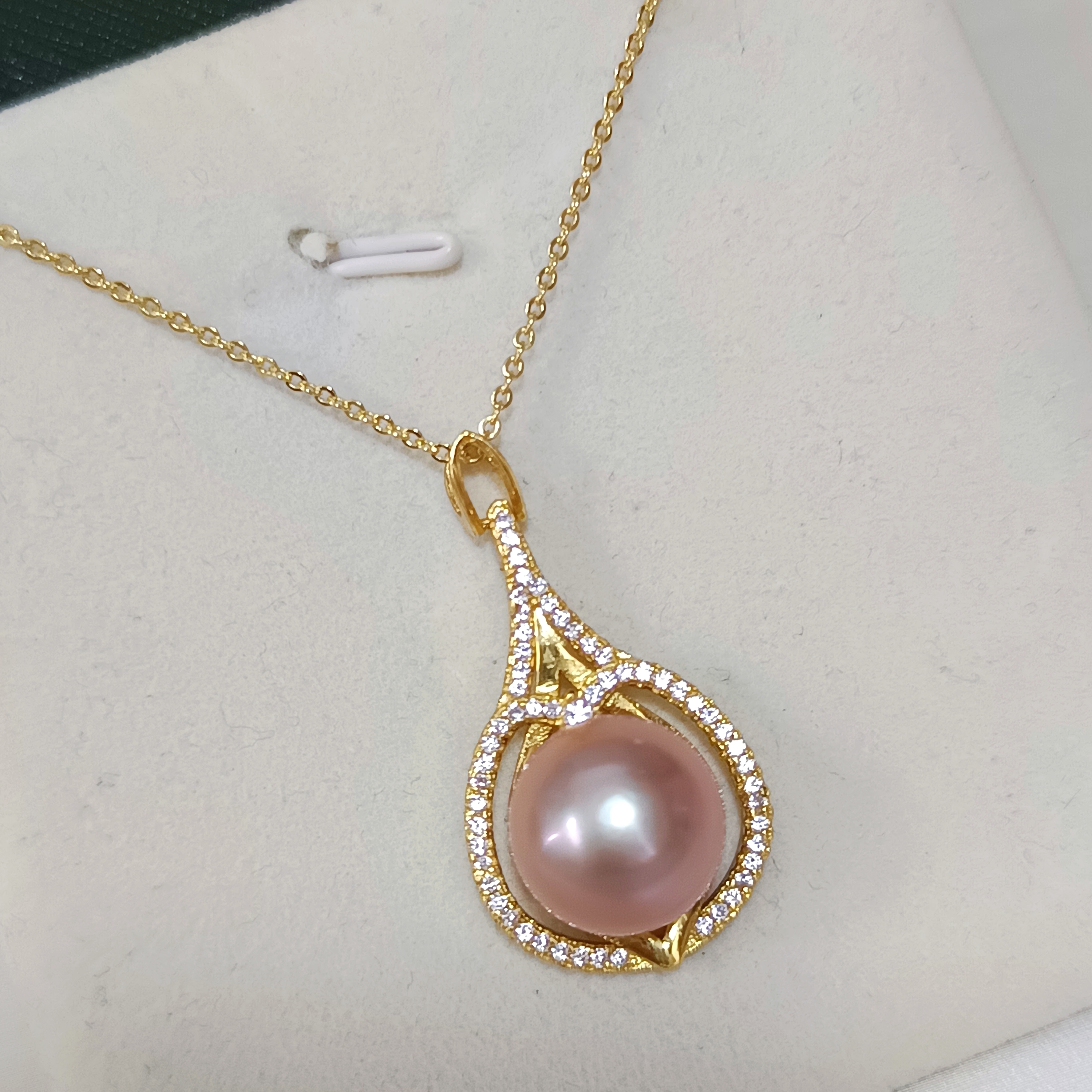 🎉99特價品🎉厚圓強光愛迪生粉紅色珍珠注金鑲鋯石吊墜套鍊