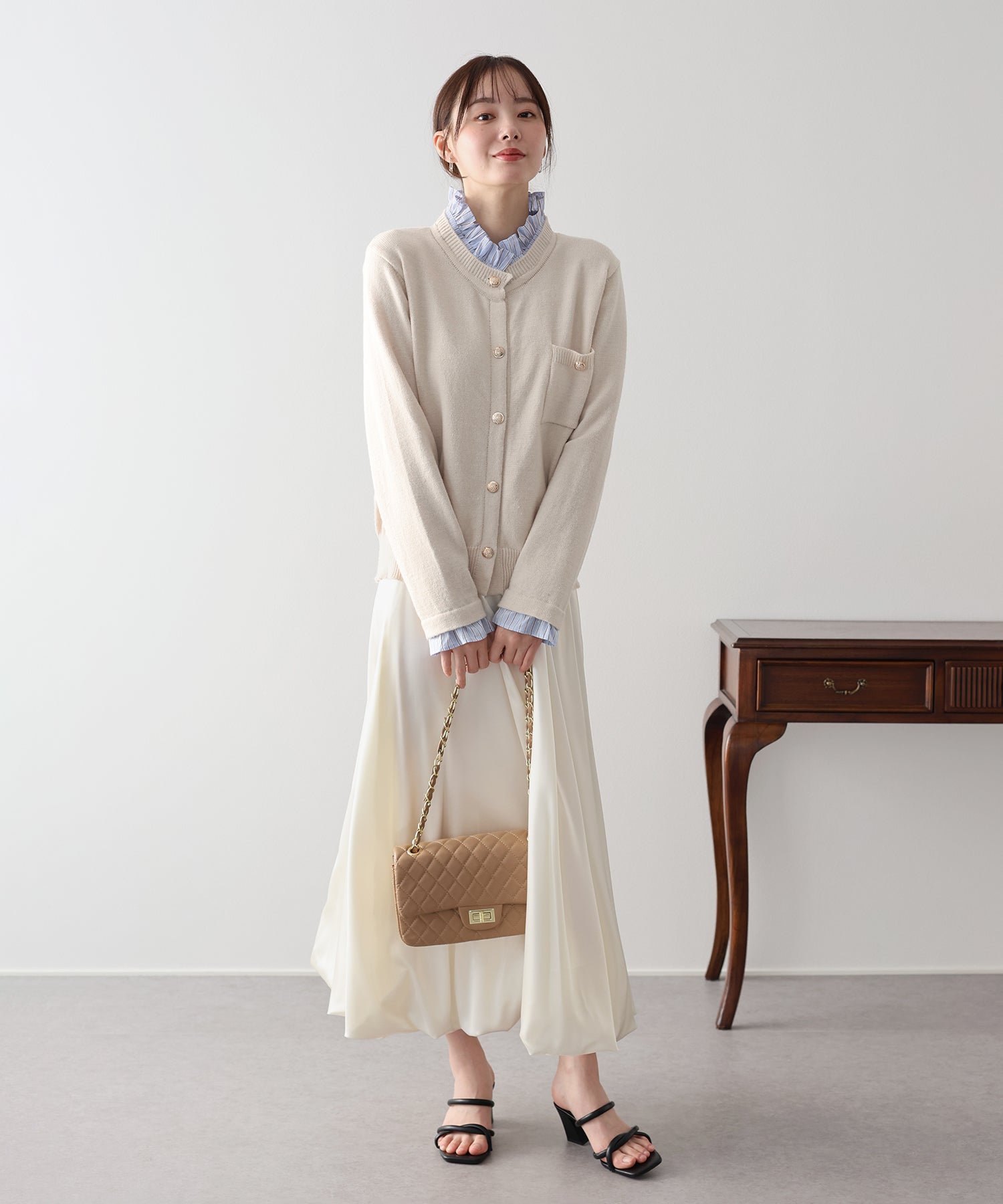 <現貨>新色加入💕<JP> 條紋褶邊shirt 拼金鈕cardigan (假兩件) * 5色入 