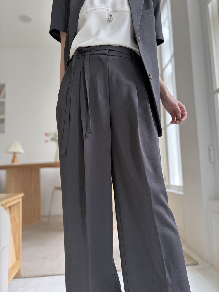 Aveline Belted Straight Slacks (Charcoal)