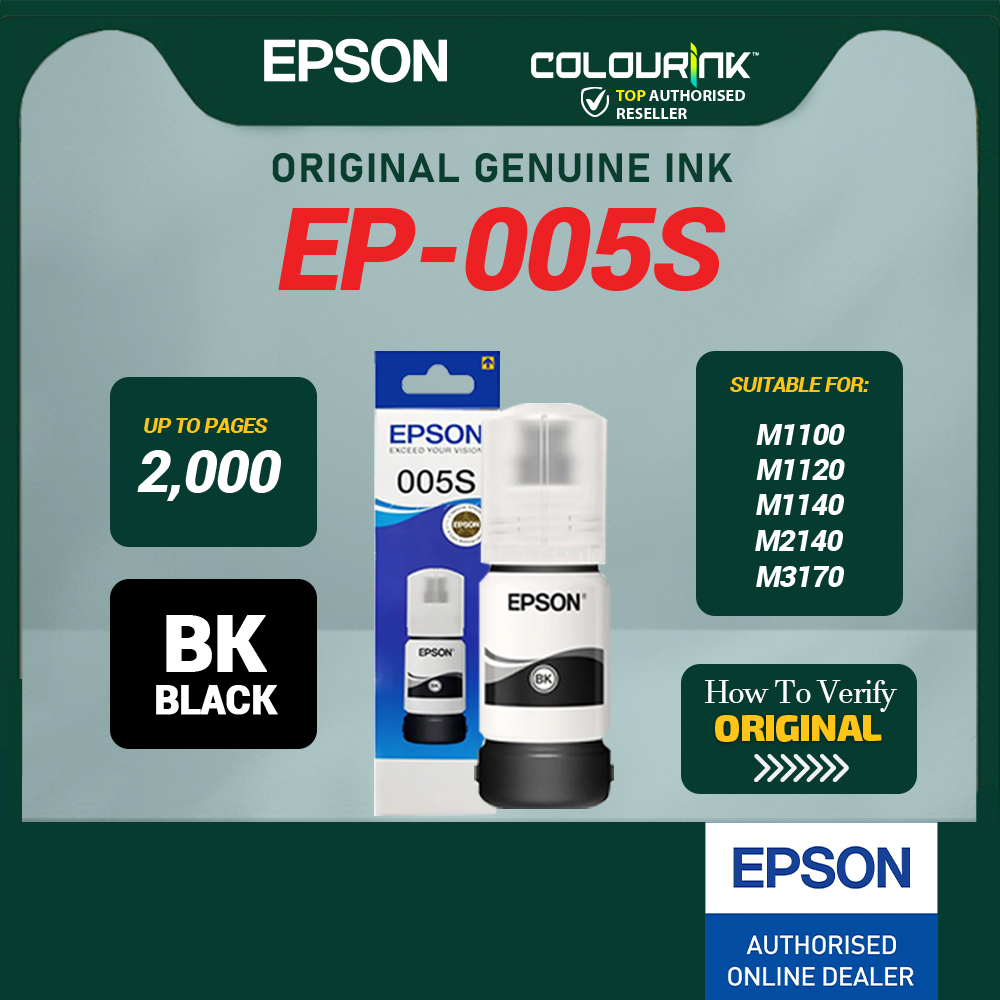 Epson Original Genuine 005s (2K) 005 (6K) Refill Ink Bottle Pigment Black EcoTank M1100 M1120 M1140 M2140 M3170