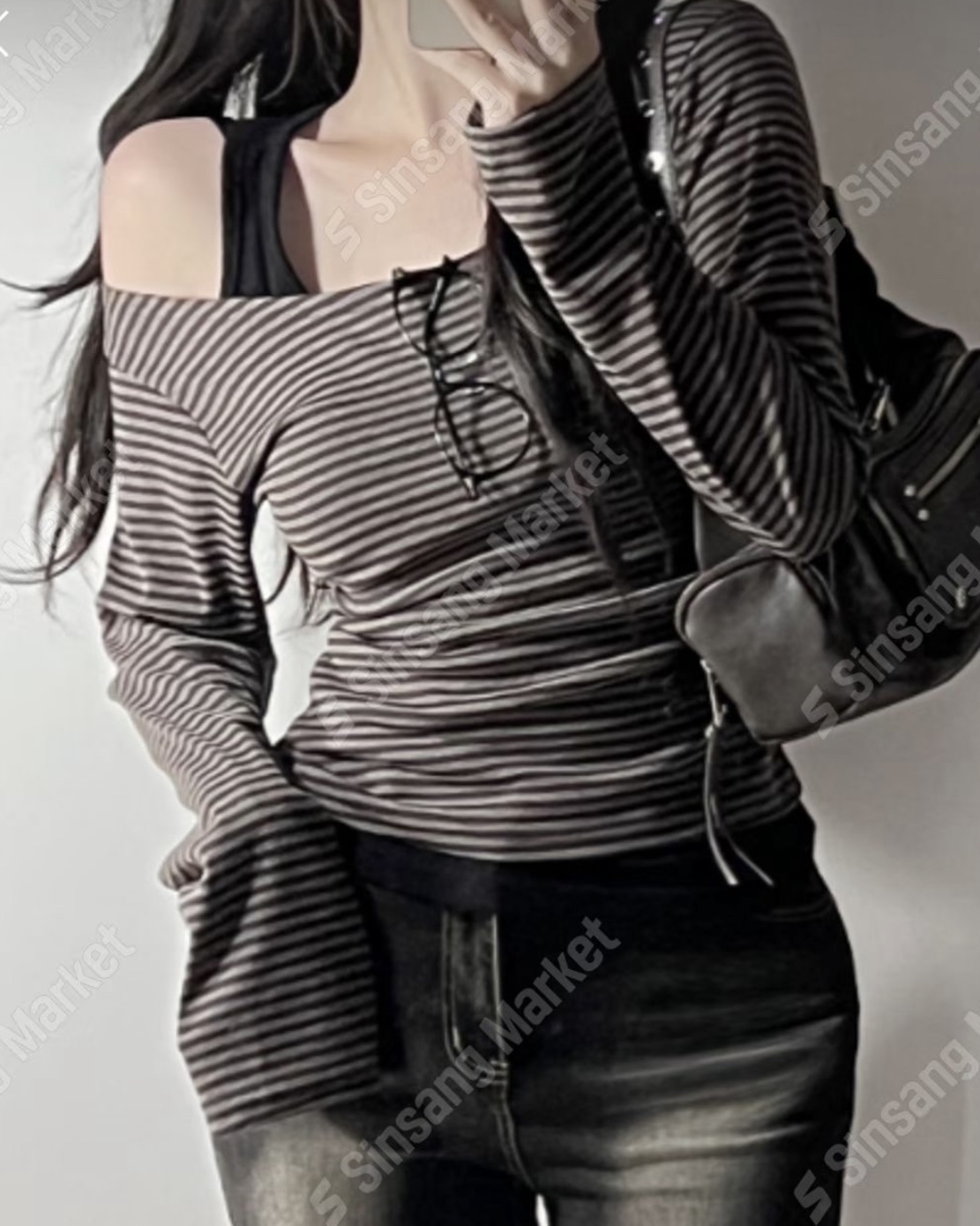 韓國間條斜膊薄款Top