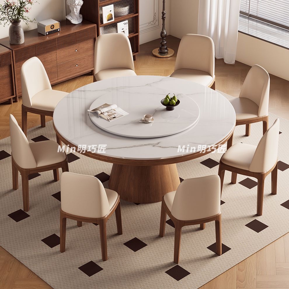 實木圓桶岩板餐檯組合 細單位家用圓餐檯連轉盤連椅 dining table