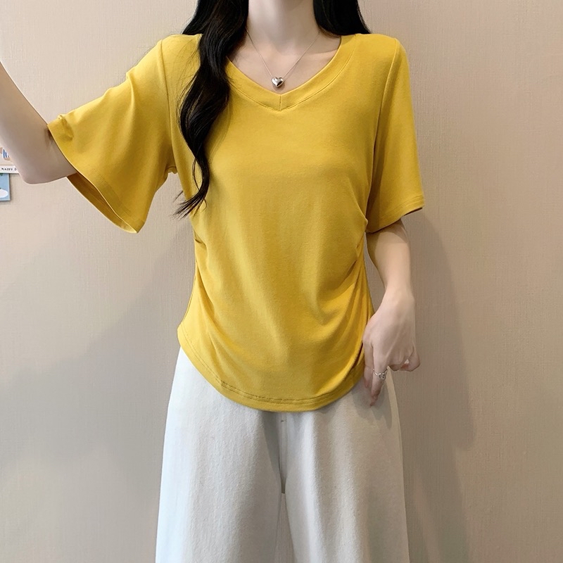B35(3975) 韩版纯色V领荷叶袖褶皱腰4色上衣