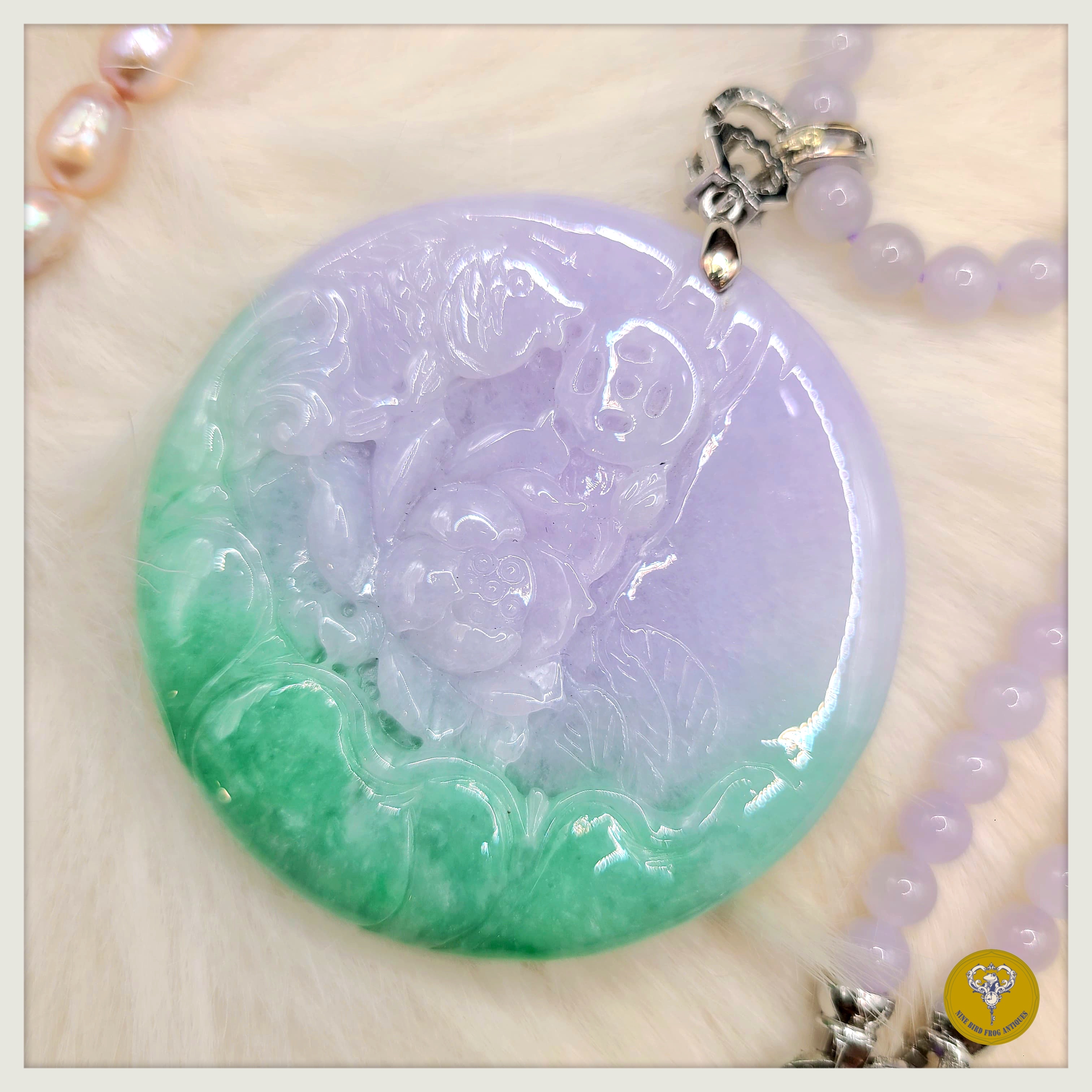 糯冰種紫羅蘭果綠青荷花魚池翡翠配紫羅蘭翡翠頸鍊