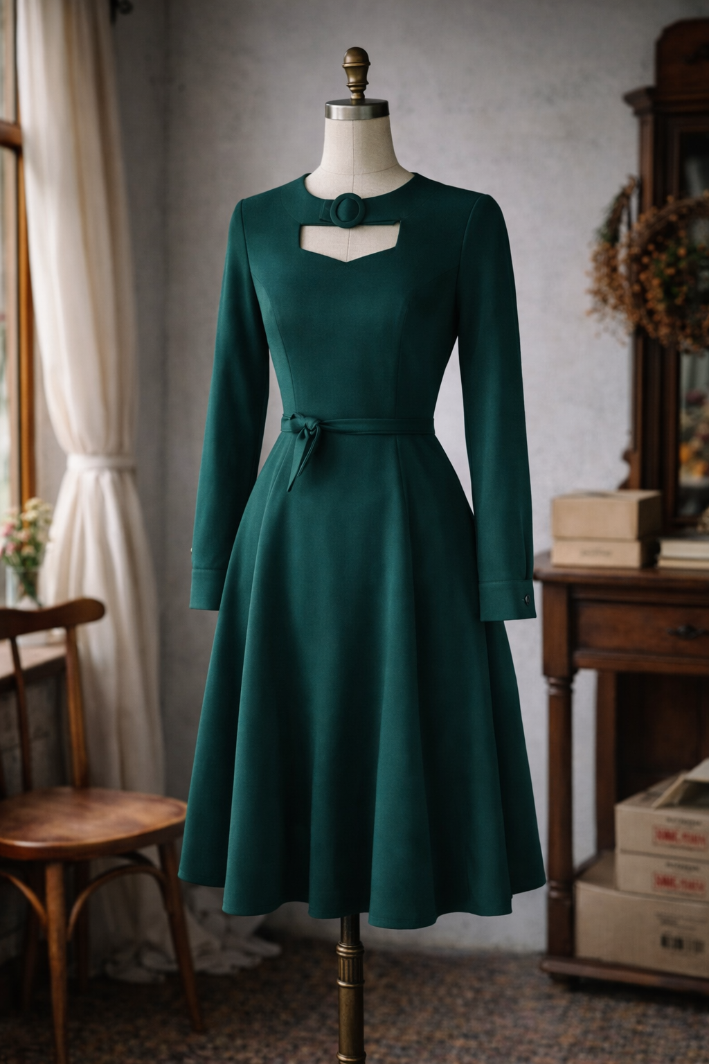 (Custom-Made) The Mod Buckle Neck Swing / Pencil Dress - Available in Green and Burnt Orange (FM235)