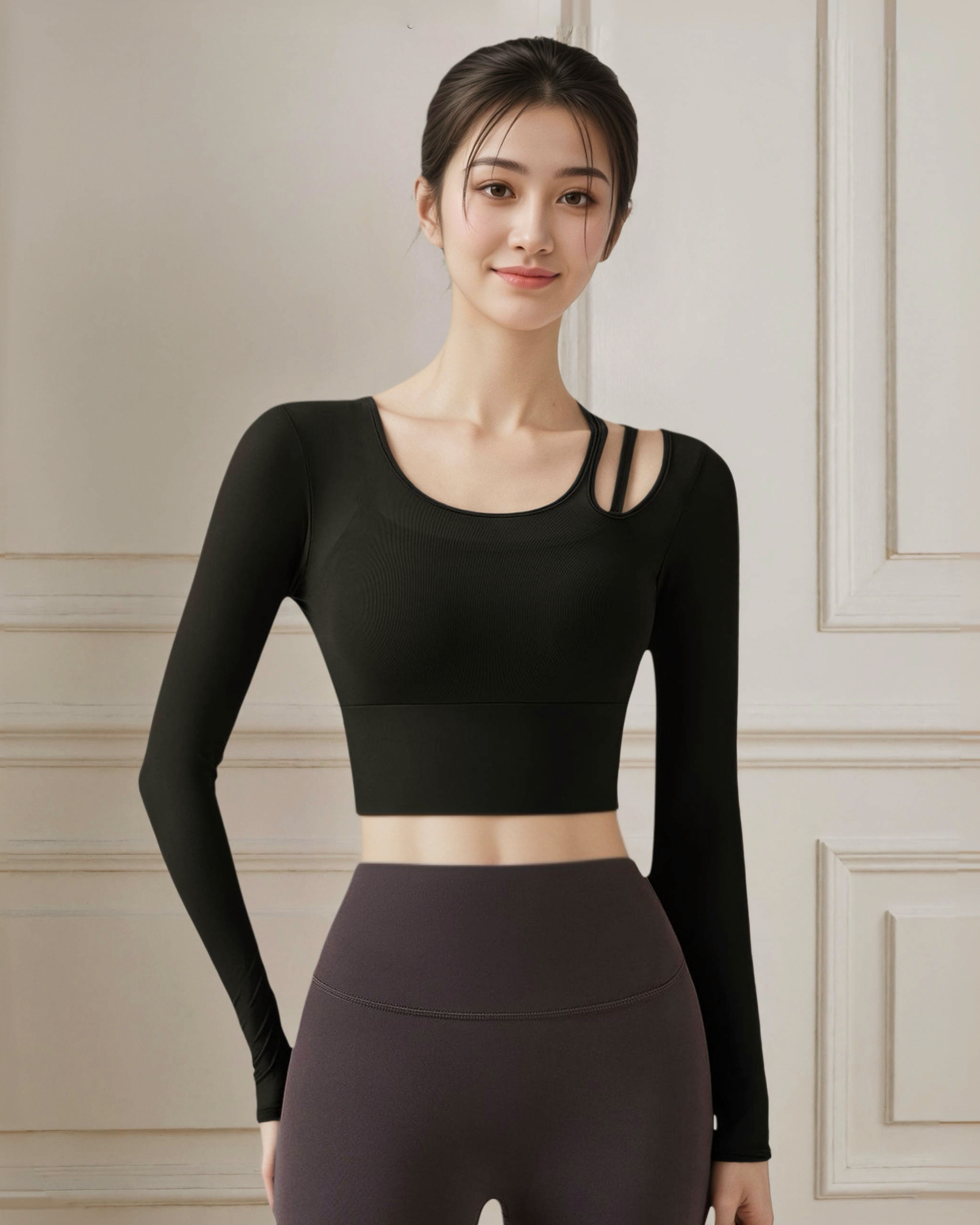 單肩鏤空網紗假兩件瑜珈長袖上衣