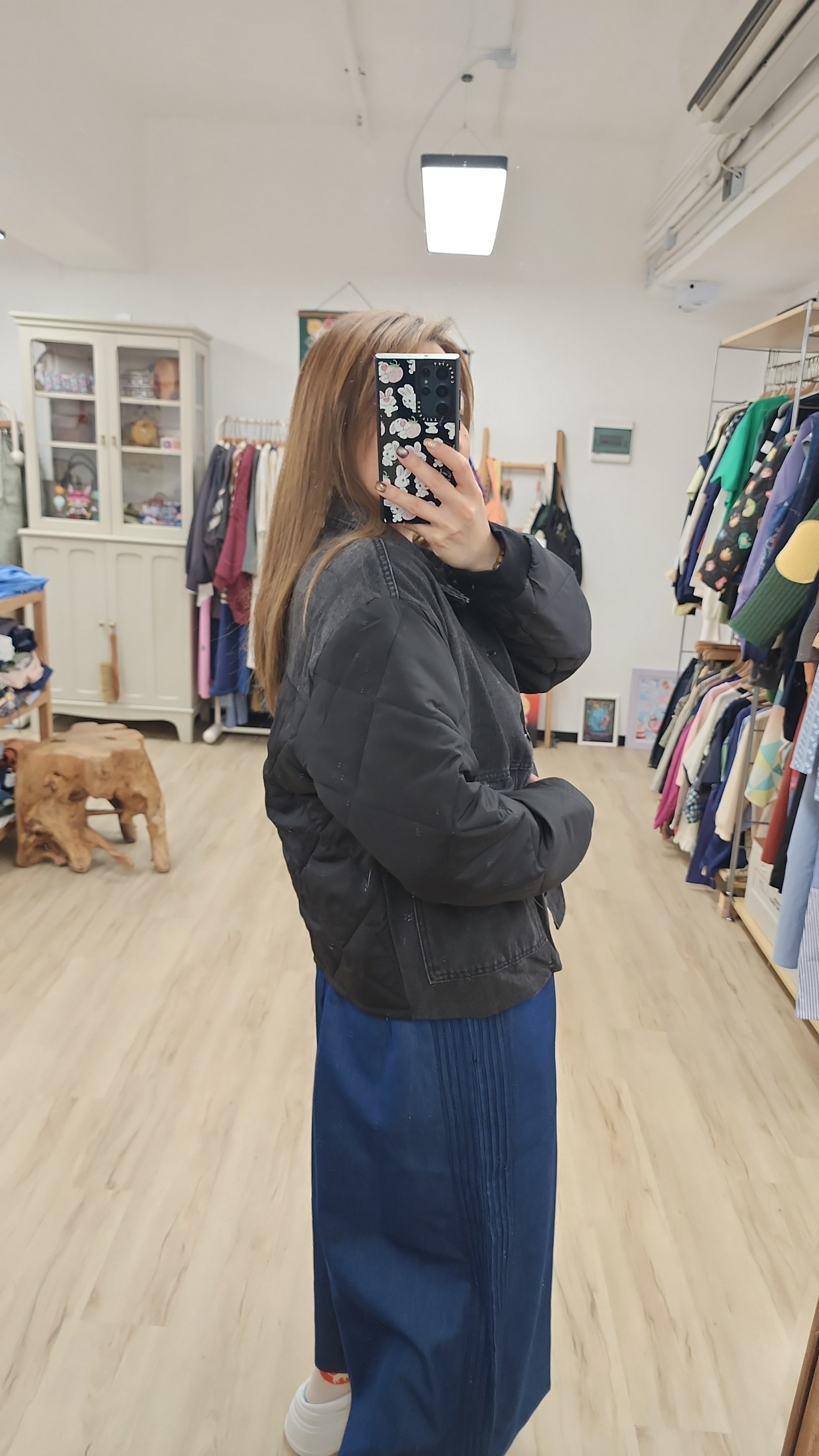 日牌炭灰牛仔拼夾棉蝴蝶結袋外套