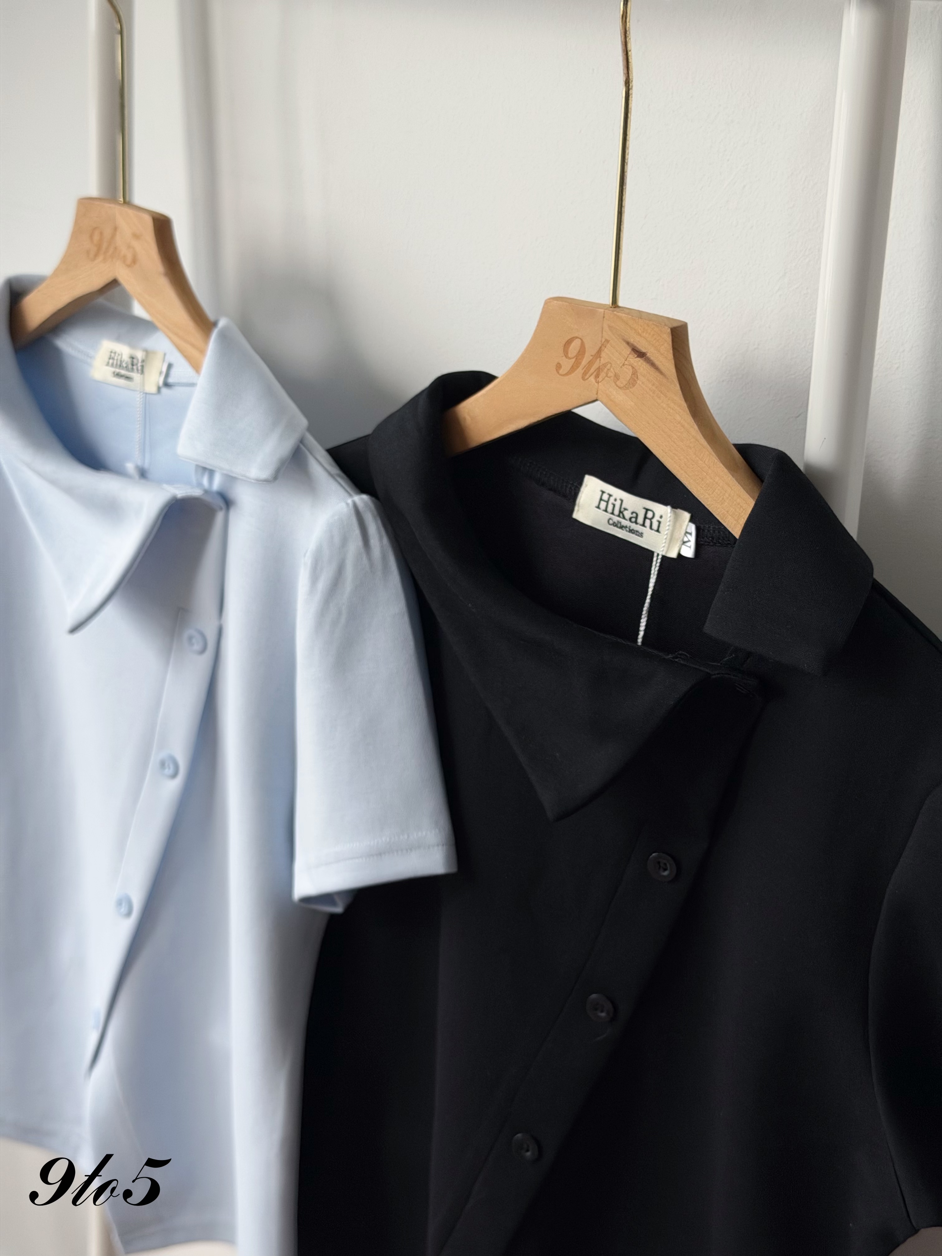 T4483 Irregular Collar Puff Sleeve Top - Black & Blue