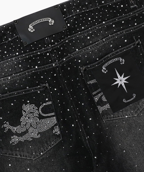 BBNT Rhinestone Curved Pants - Black - BBNT 라인스톤 커브드 팬츠 - 블랙