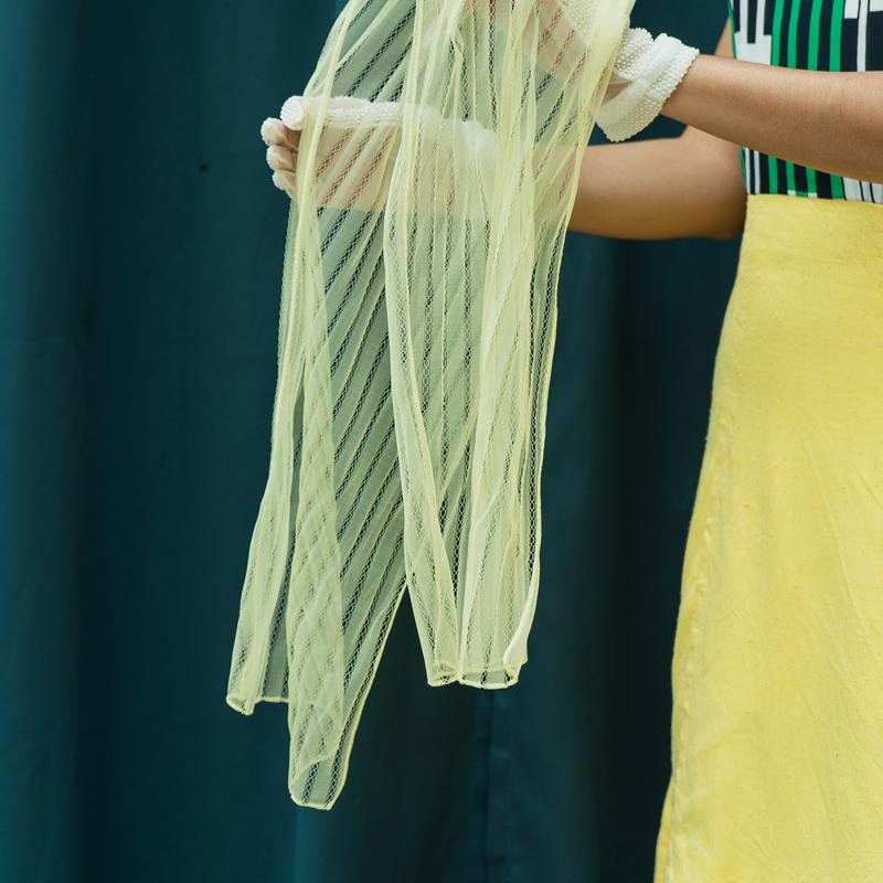 C.a. 1950s German Yellow Pulled thread Embroidery Pattern Chiffon Sheer Long Scarf (MT1217)