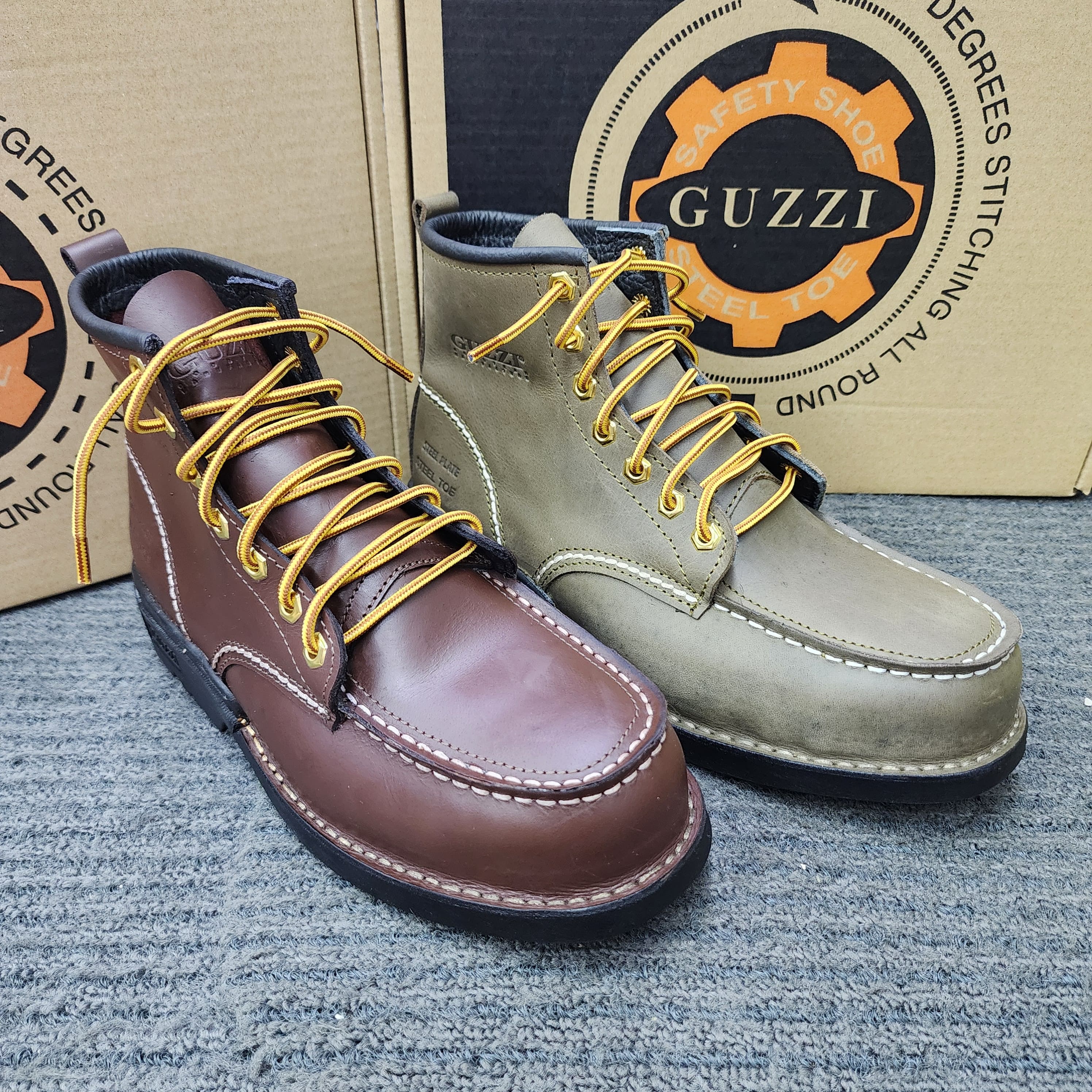 Guzzi Safety Shoes 600 Mid Cut Lace Khaki Dark Brown Steel Plate and Toe's Cap Genuine Leather Kasut Keselamatan