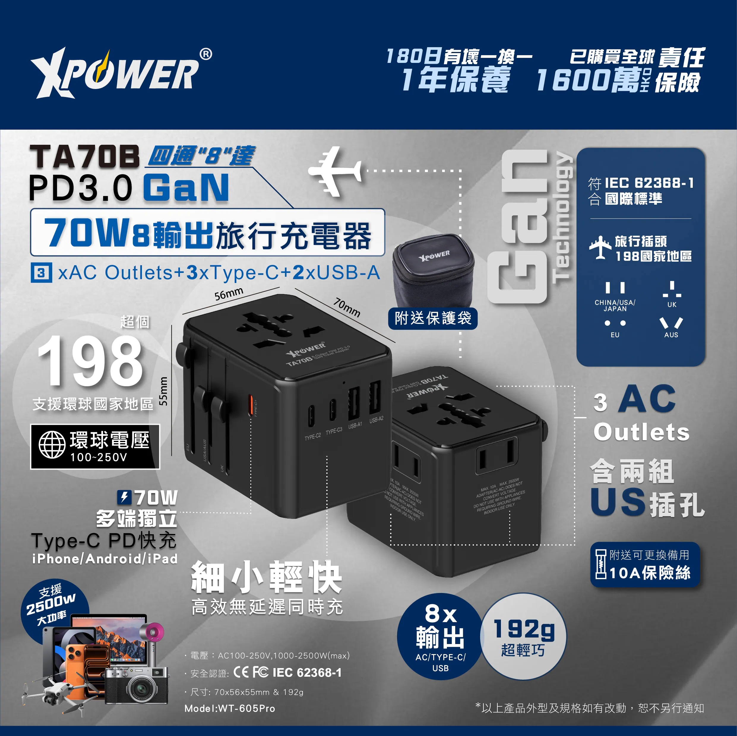 XPower TA70B 8輸出 PD/PPS 70W Gan旅行充電器
