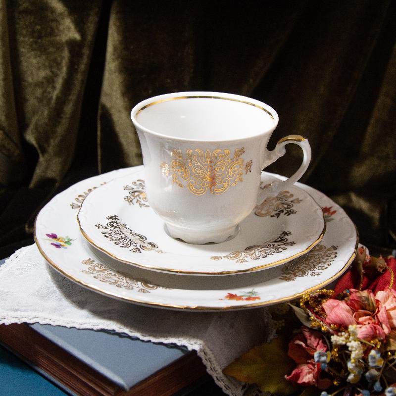 C.a. 1960s Bavarian Johann Seltmann Sophisticated Colour & Gold Gilt Floral Pattern Tea Set (CC052)
