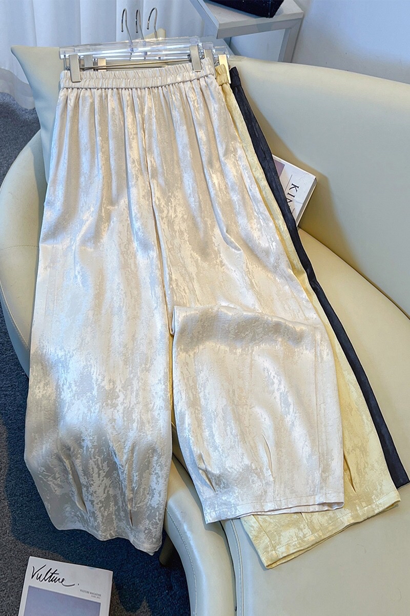 B266(0170) 新中式复古提花松紧腰人丝面料3色长裤