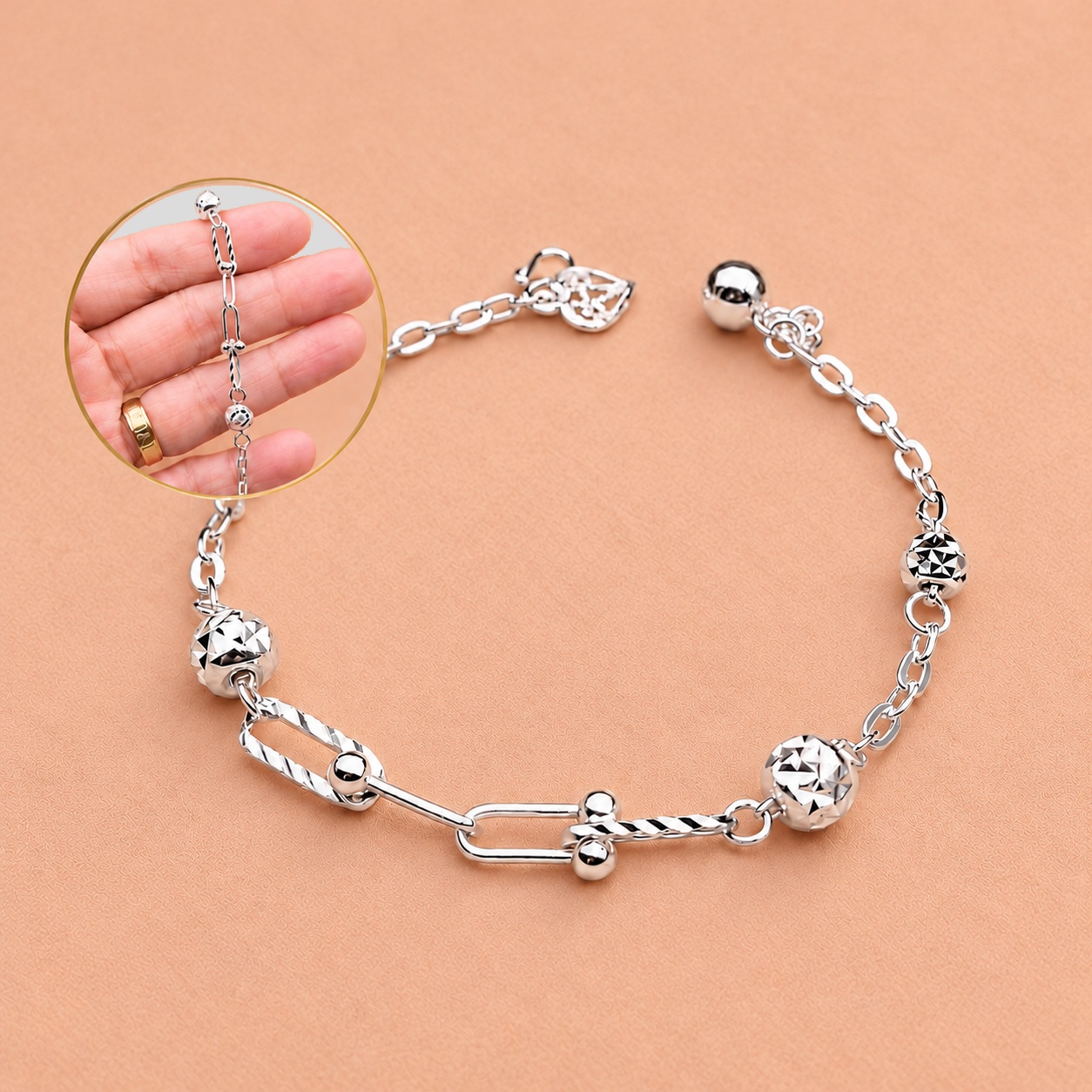 LB2386 Paper Clip + Diamond Cut Beads Bracelet