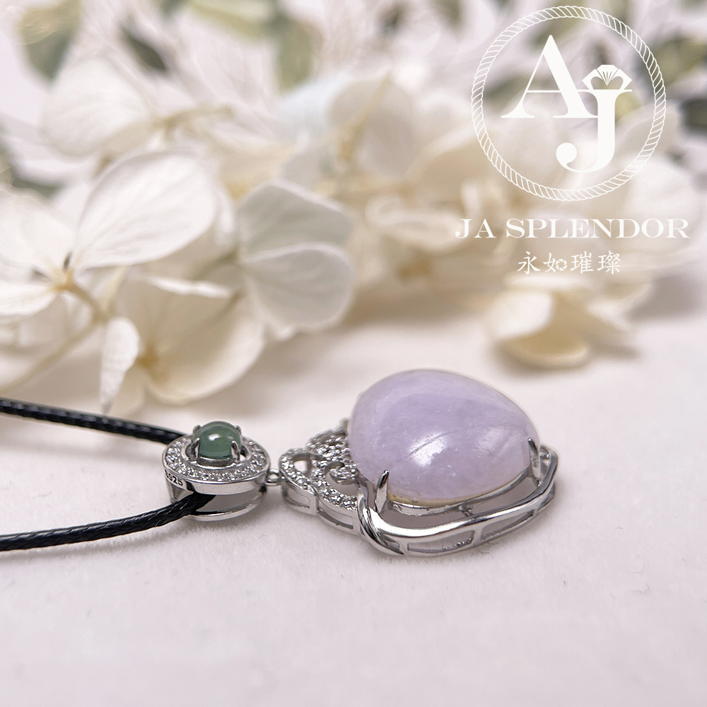 JNS-49 天然翡翠A 冰潤紫羅蘭心心相印綠色頂珠吊墜