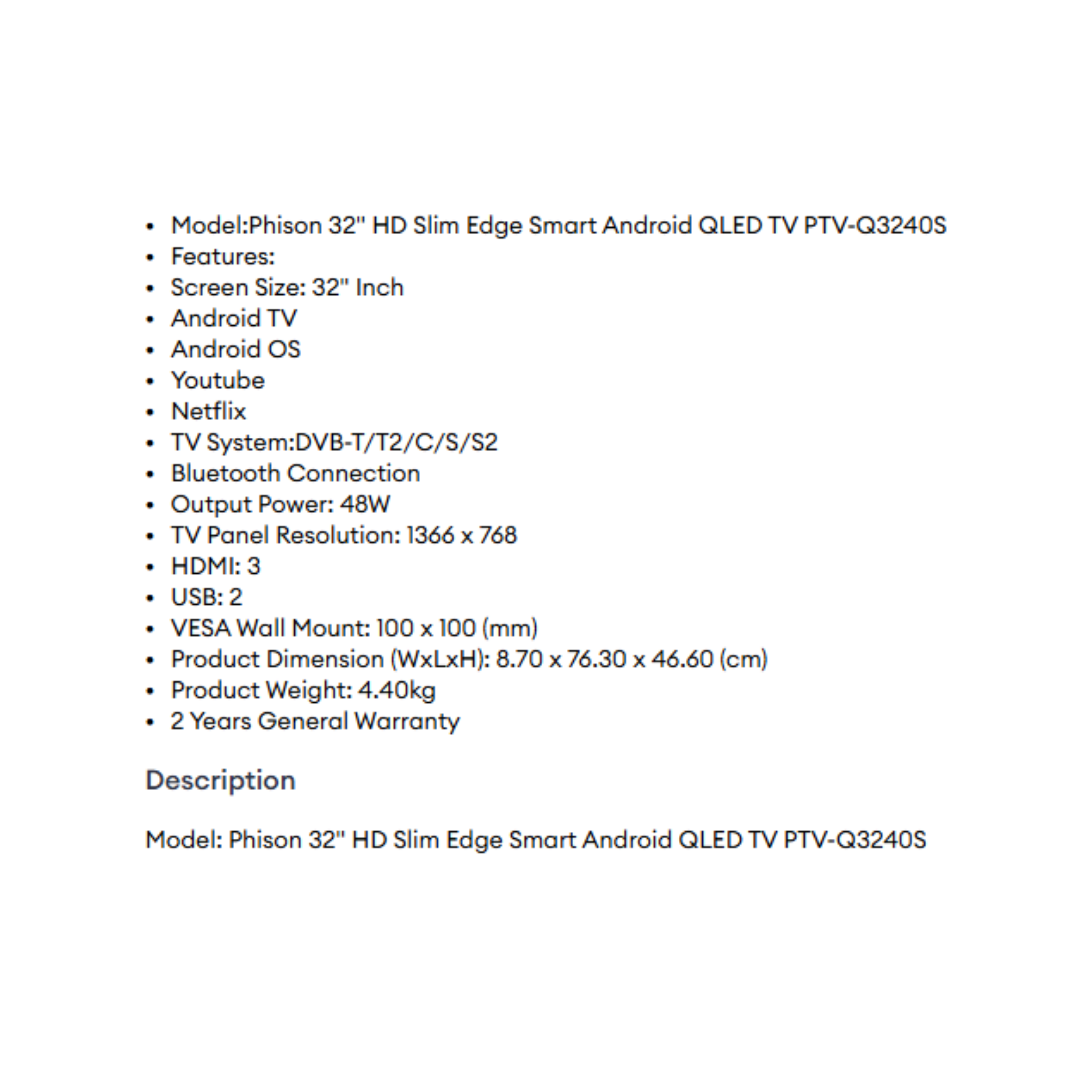 Phison 32" HD QLED Android TV PTV-Q3240S