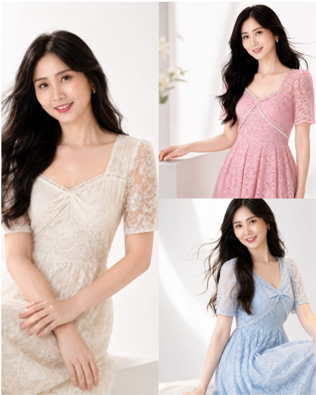 5131 Seraphina Pearl + Lace 3 Colour Panelled Midi Dress