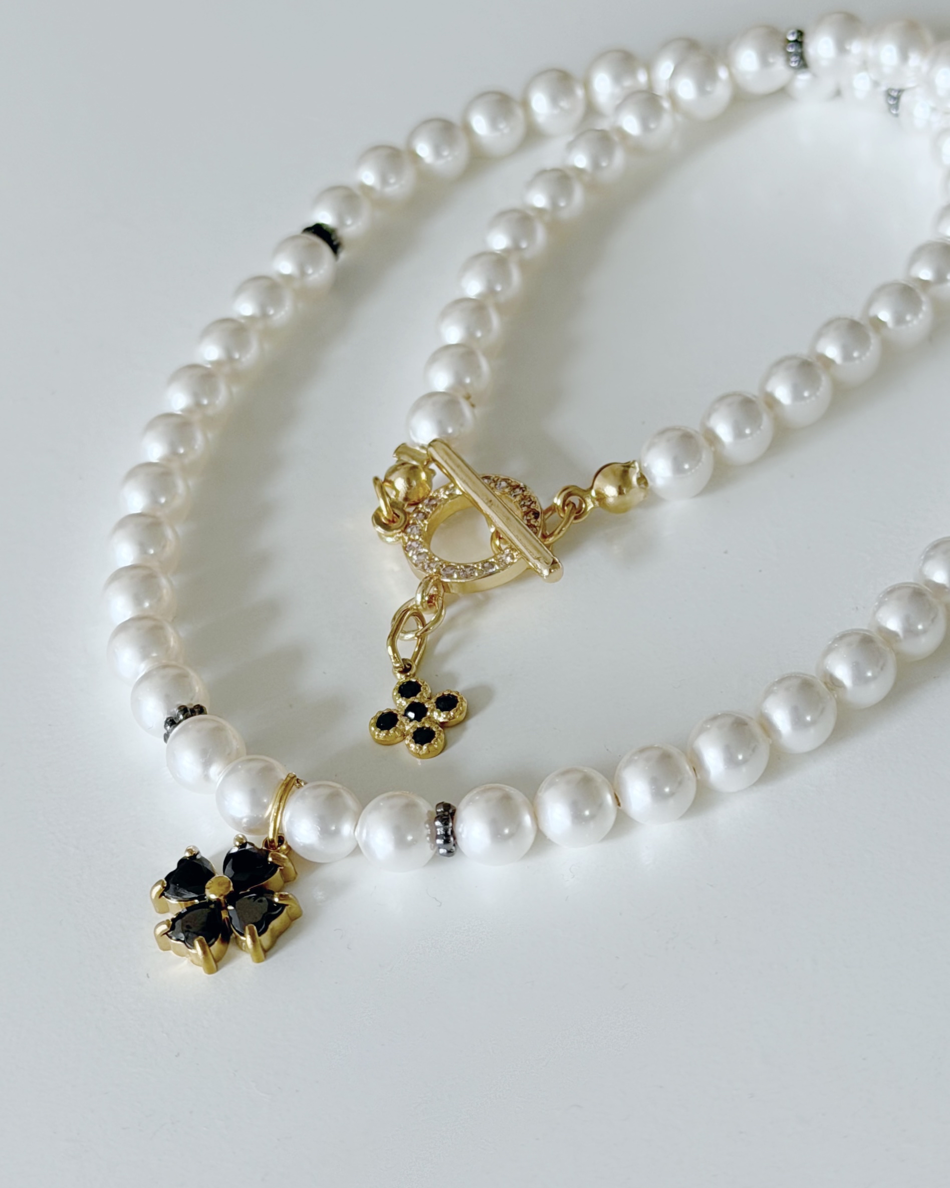 雅黑小花珍珠頸鍊/6mm米白珍珠 