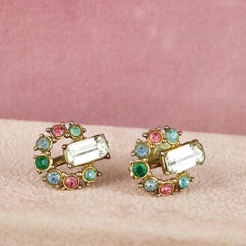Vintage C.a. 1950s Colourfully Bejeweled Horseshoe Shape with Baguette Stone Screwback Earrings(MT1447-12)
