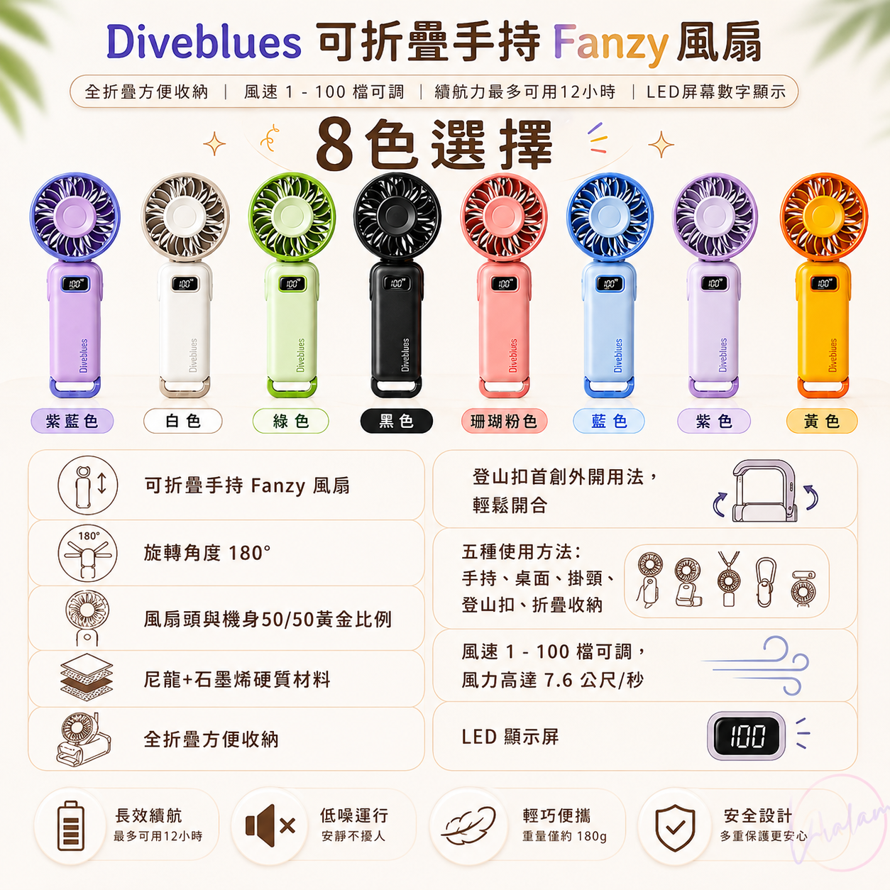 Diveblues 可折疊手持 Fanzy 風扇|全折疊方便收納|風速 1 - 100 檔可調|續航力最多可用12小時|LED屏幕數字顯示【9/6 截單，預計 :9月中至尾發貨】