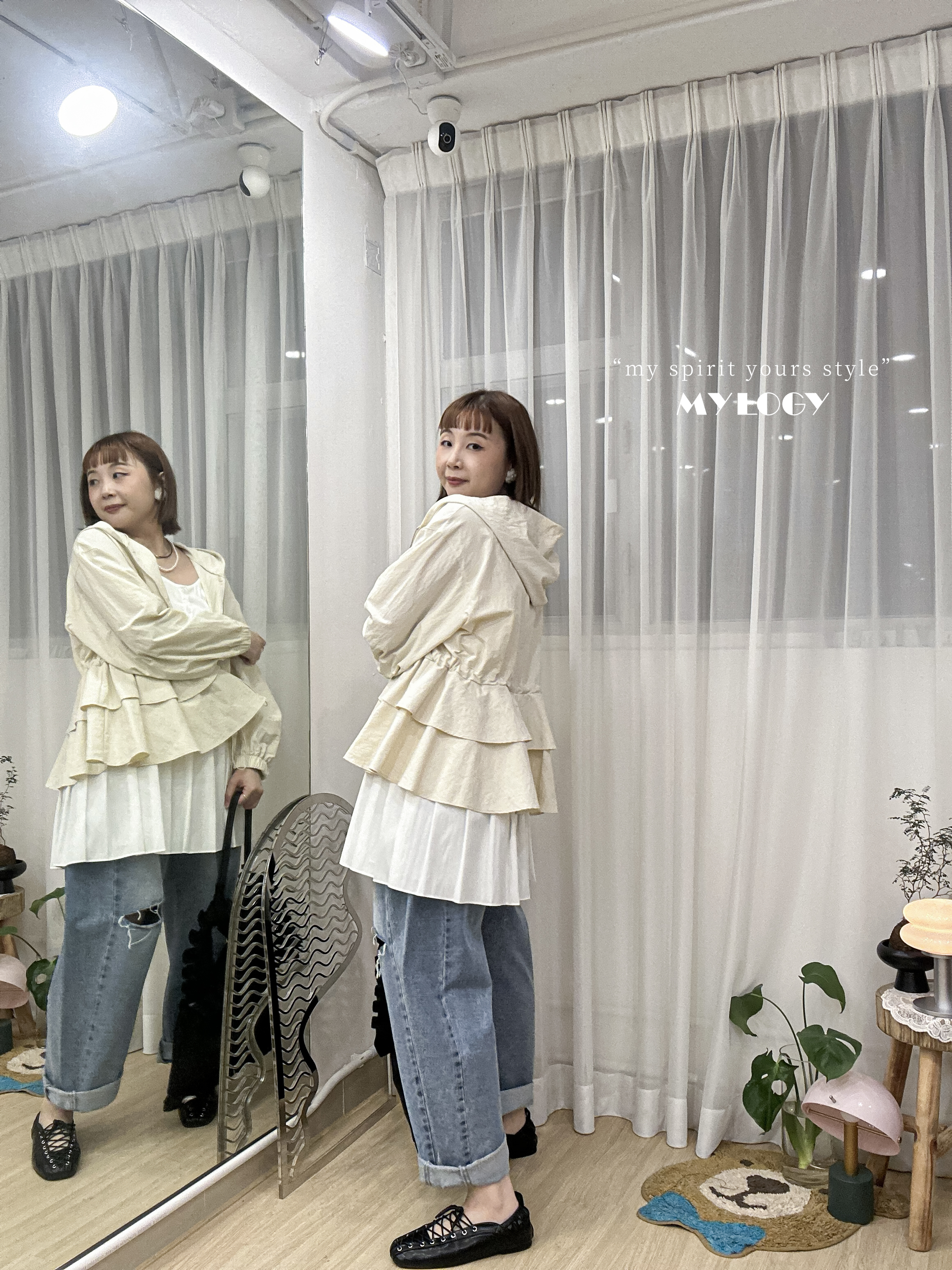 非典型少甜～束腰索繩Double Ruffle連帽風衣 J0002 - 白色 Ivory