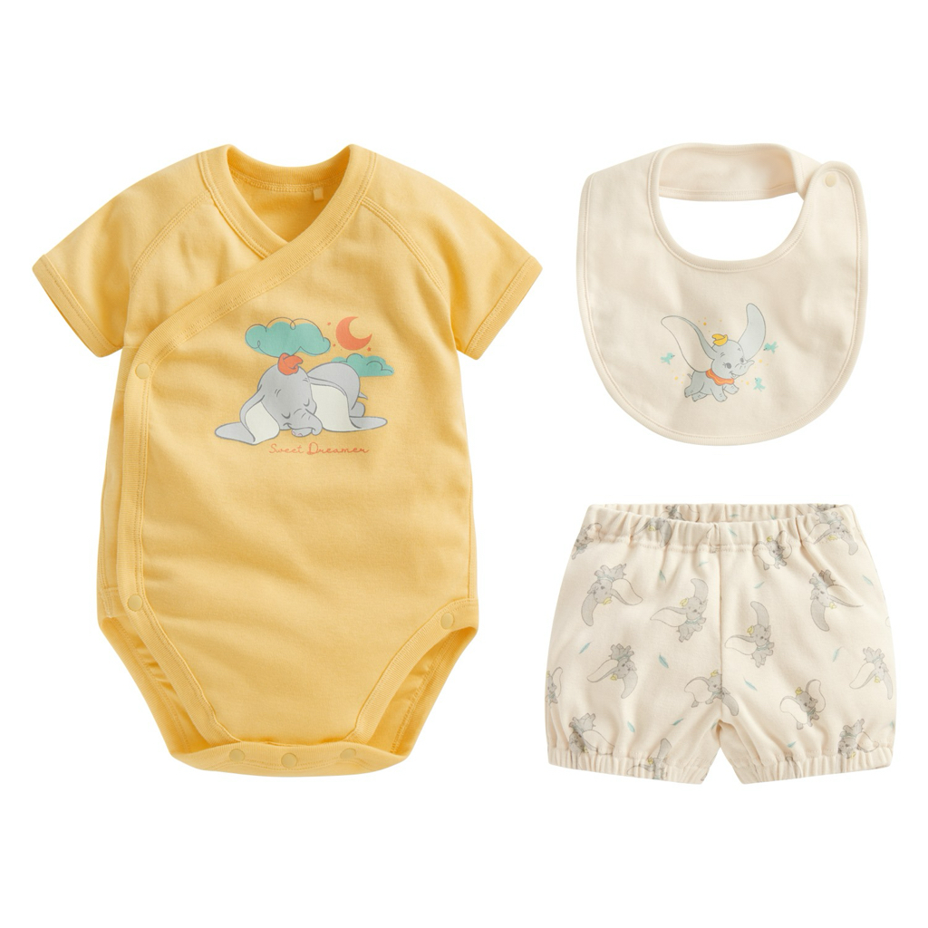 ☀️代購預訂 台灣直送☀️小飛象純棉人物印花短袖包屁衣短褲圍兜三件套