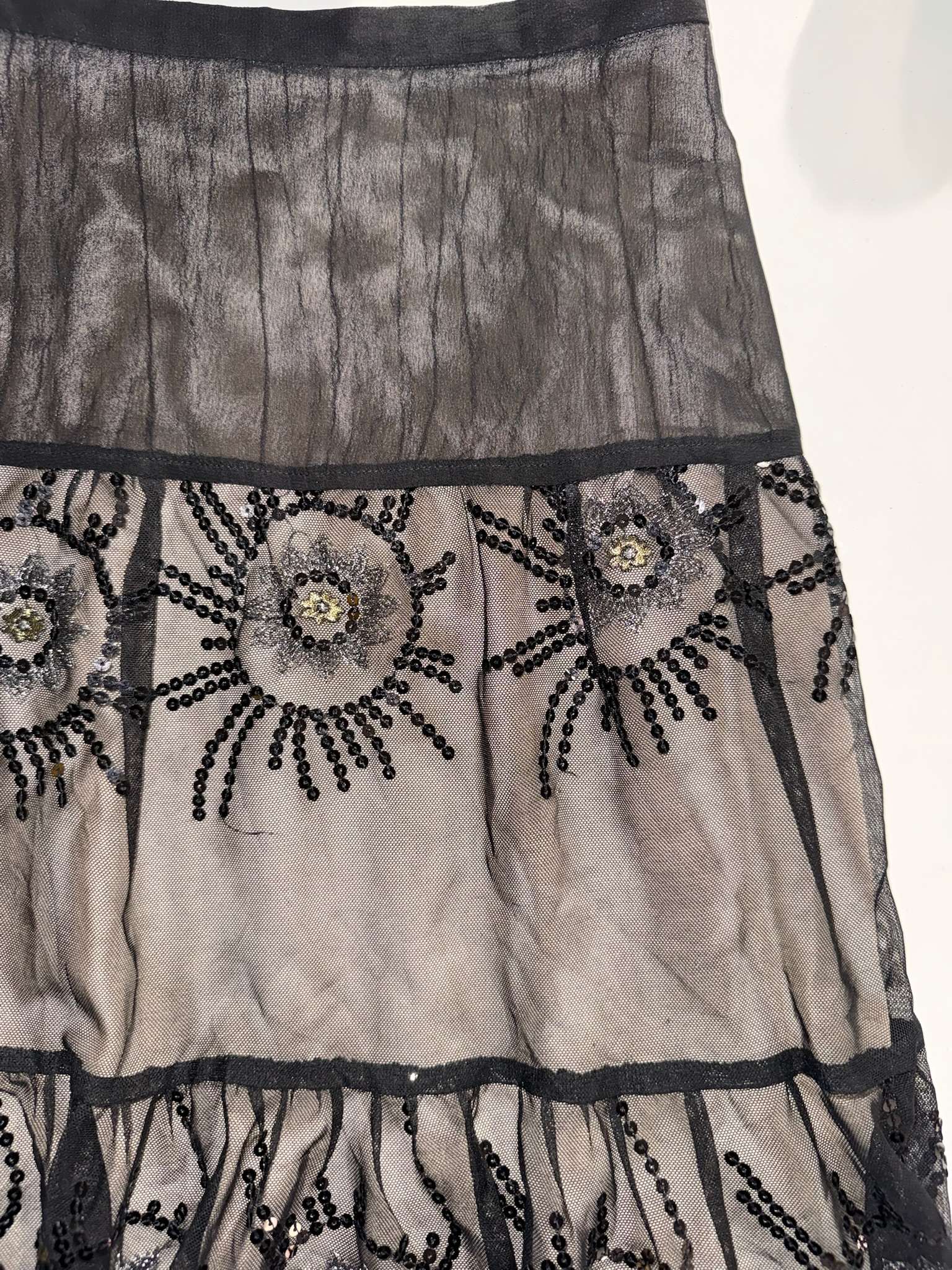 Black Sequin Sunburst Embroidered Tiered Mesh Skirt